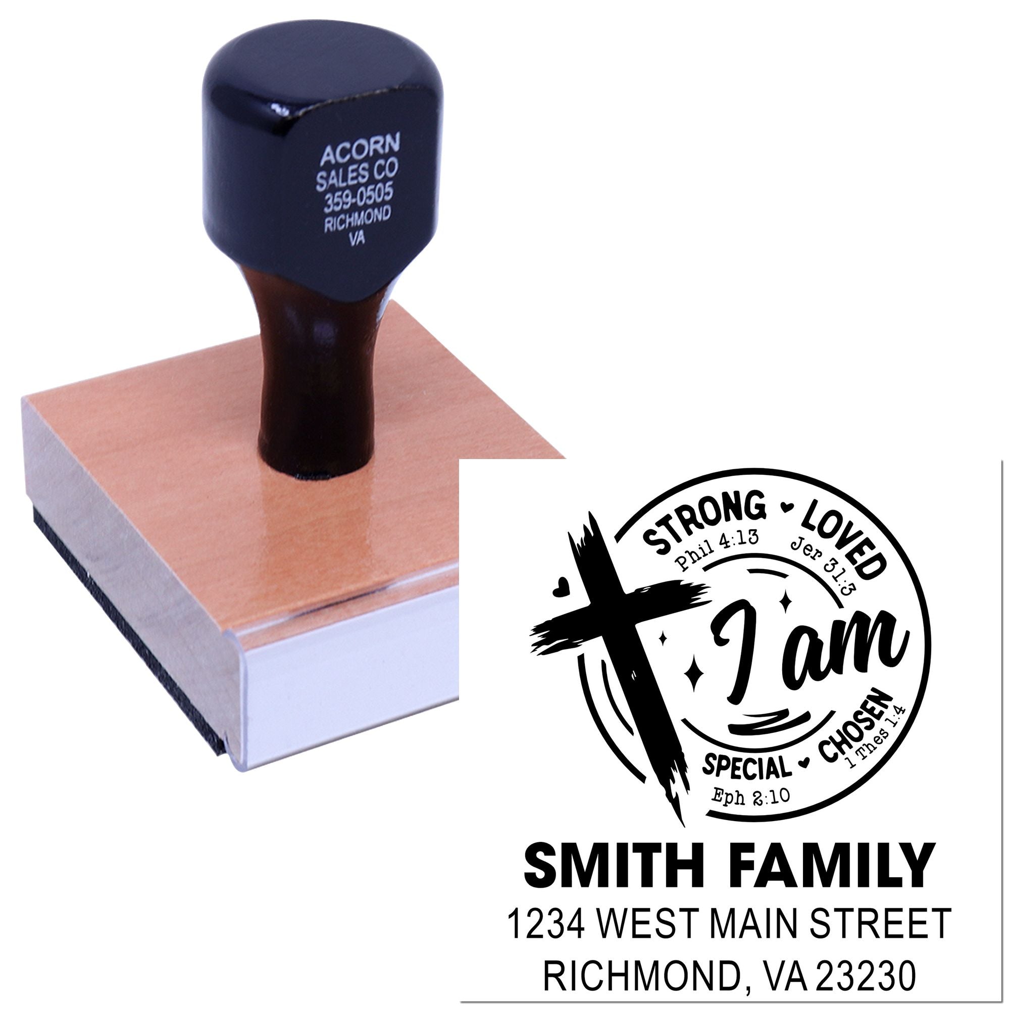 Custom rubber address stamp with family faith design, featuring Smith Family name and Richmond, VA return address for mailing.