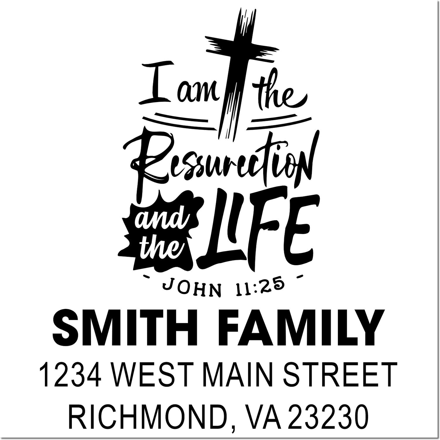 Custom Christian return address rubber stamp with John 11:25 scripture, Smith family name, and Richmond, VA address.