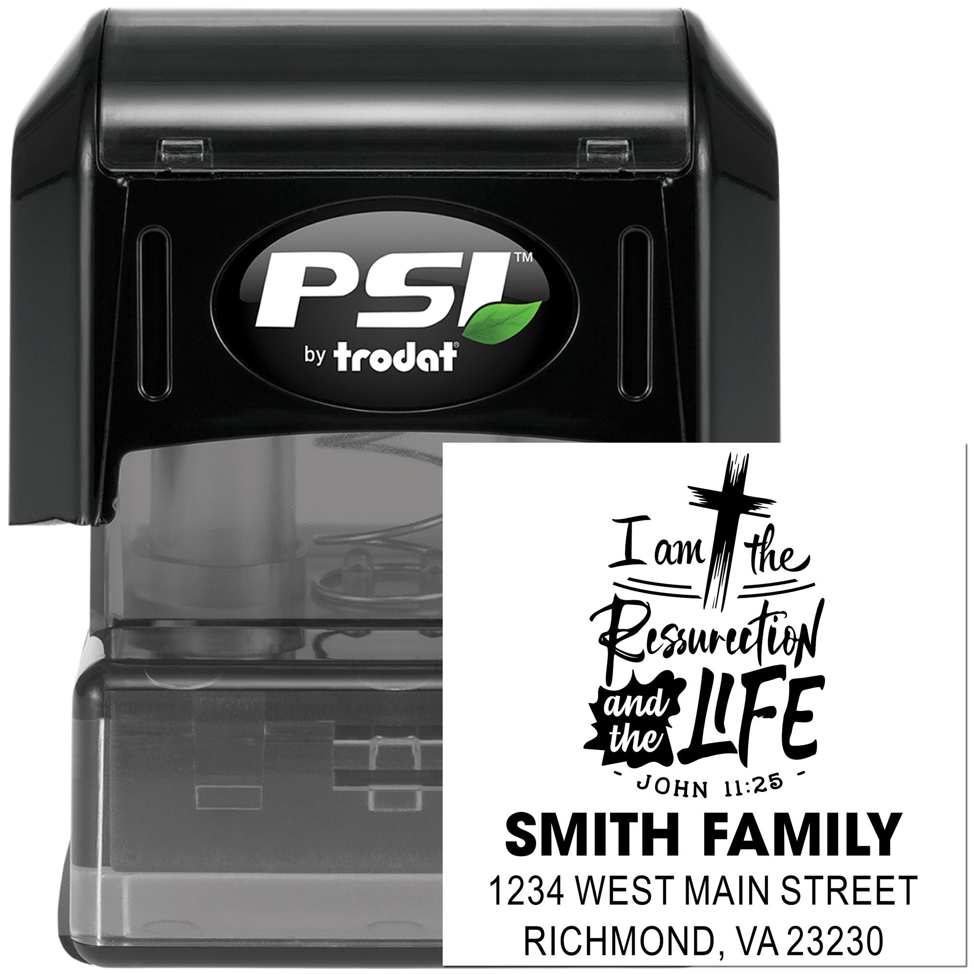 Custom self-inking rubber stamp with Bible verse, family name, and return address for Christian correspondence.