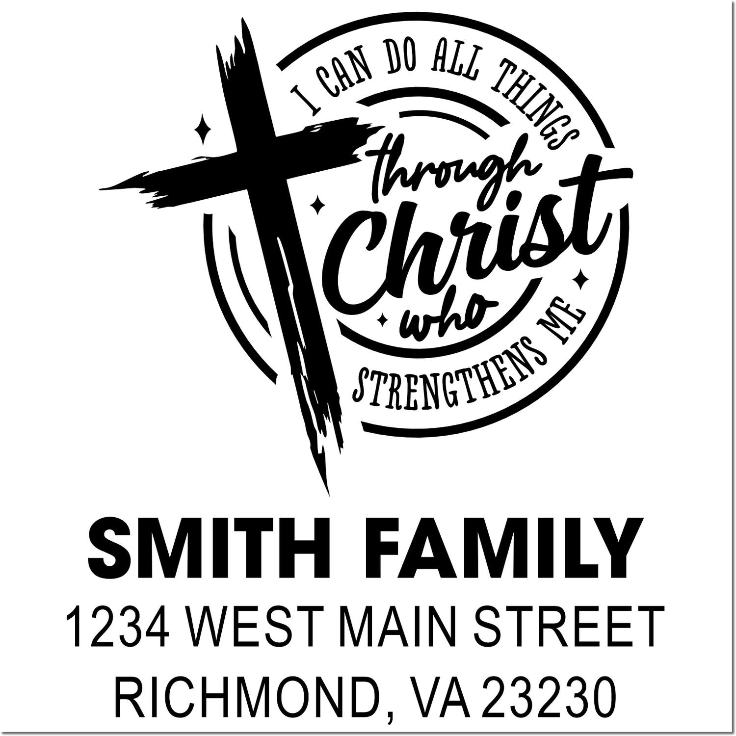 Custom Christian return address rubber stamp with cross, Bible verse, Smith Family name, and Richmond, VA address.