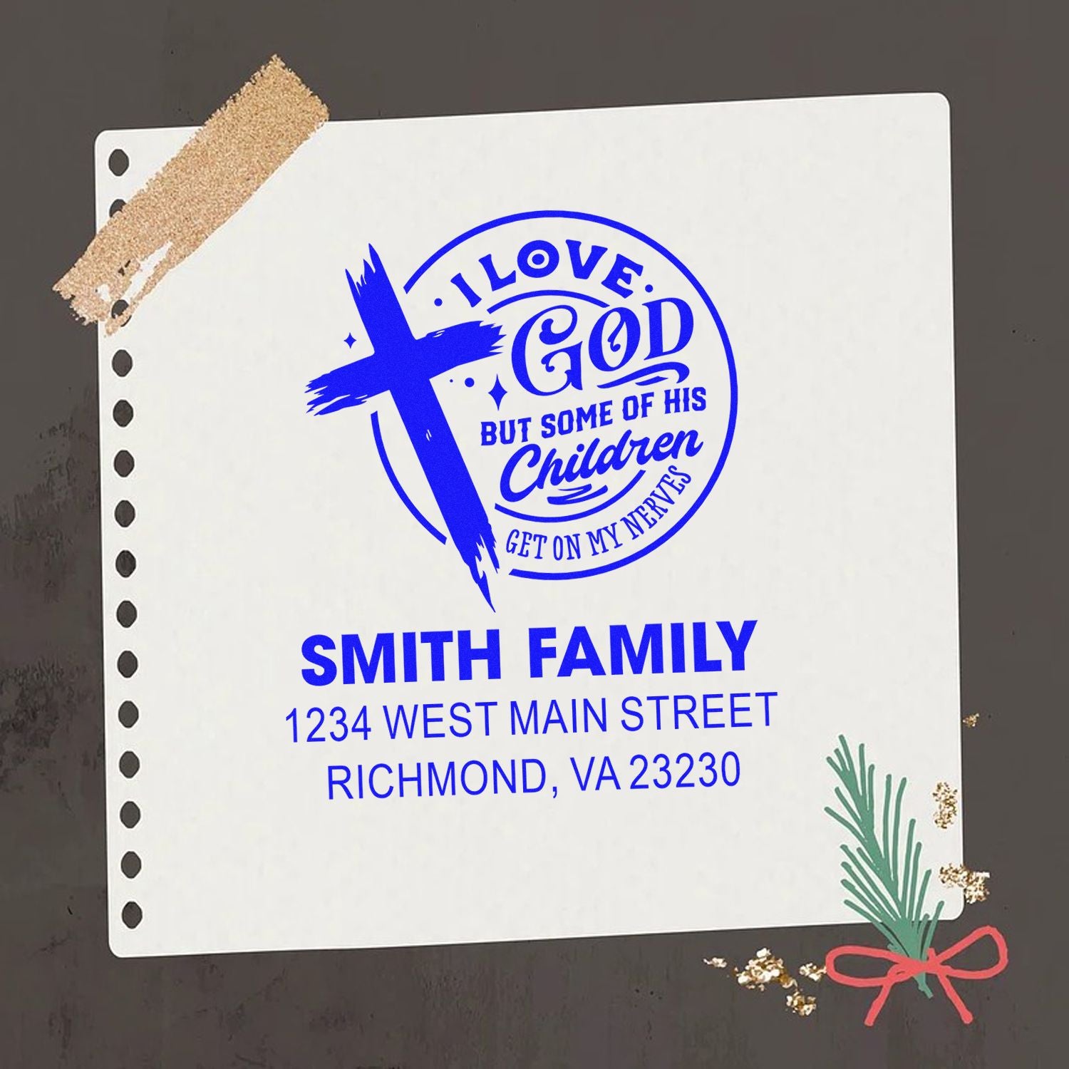 Custom Christian return address rubber stamp with cross design, Bible verse, Smith family name and address.