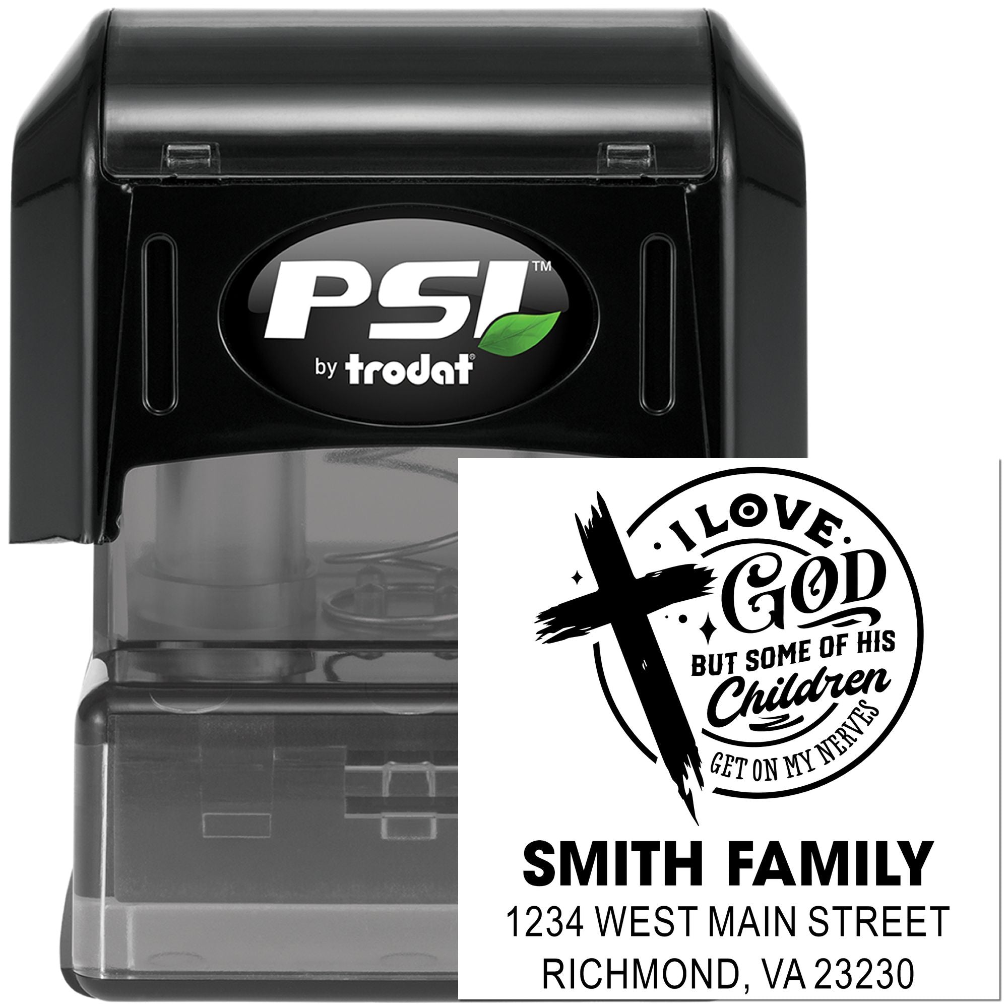 PSI Trodat personalized self-inking rubber stamp with religious quote and family address for custom mailings.