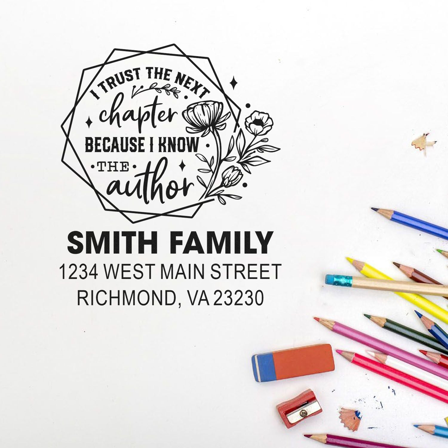 Custom rubber stamp mockup with book lover quote and personalized Smith family return address for stationery use