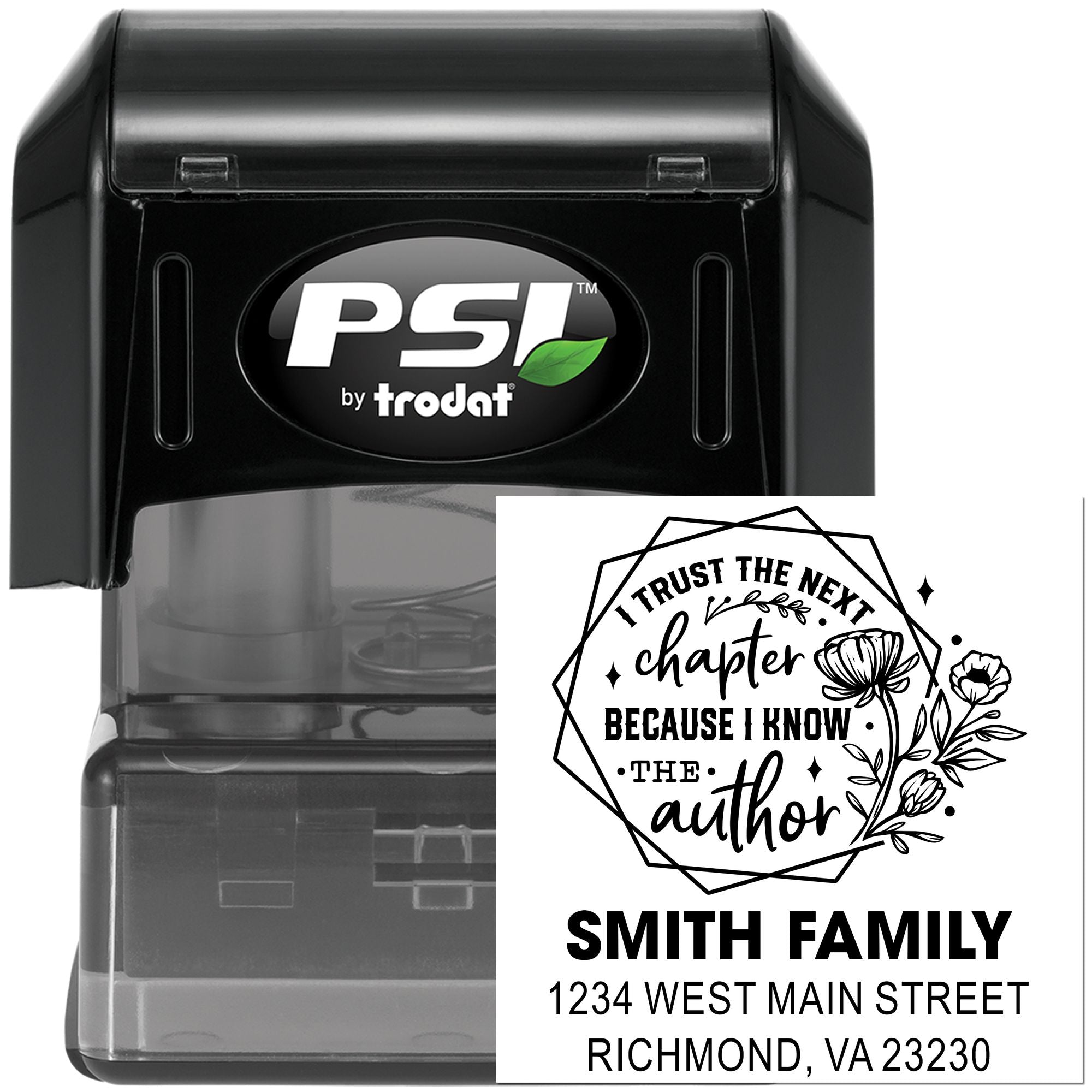 Personalized self-inking address stamp with floral quote design for Smith Family mailings and custom rubber stamping.