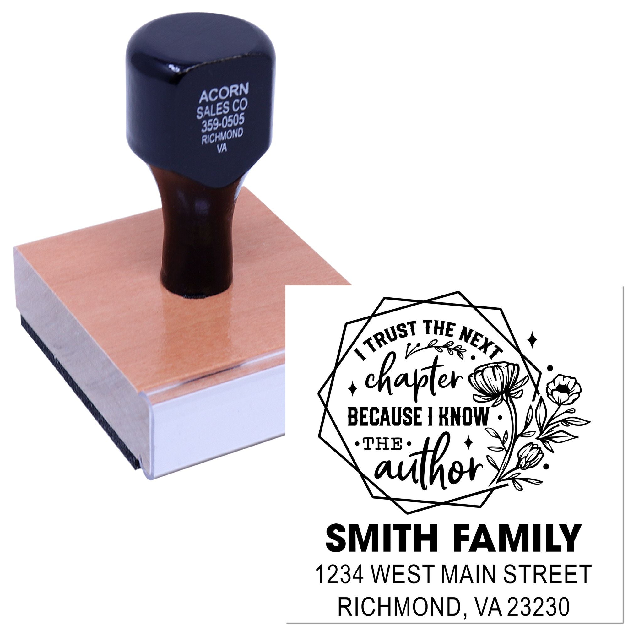Custom self-inking rubber stamp with personalized return address and decorative book-themed quote imprint for mail, crafts, and branding.