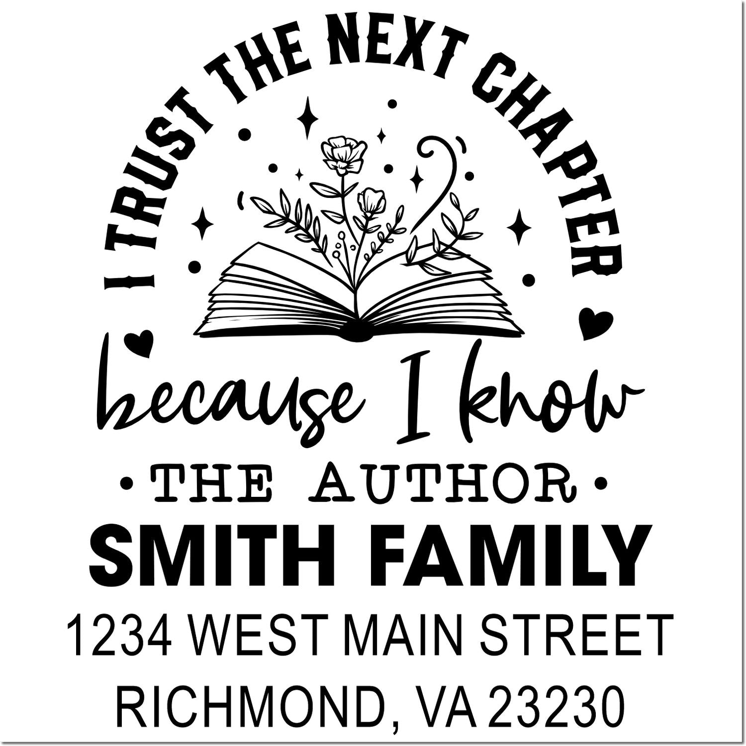 Custom book lover rubber stamp with open book floral design, quote, Smith Family name, and return address.
