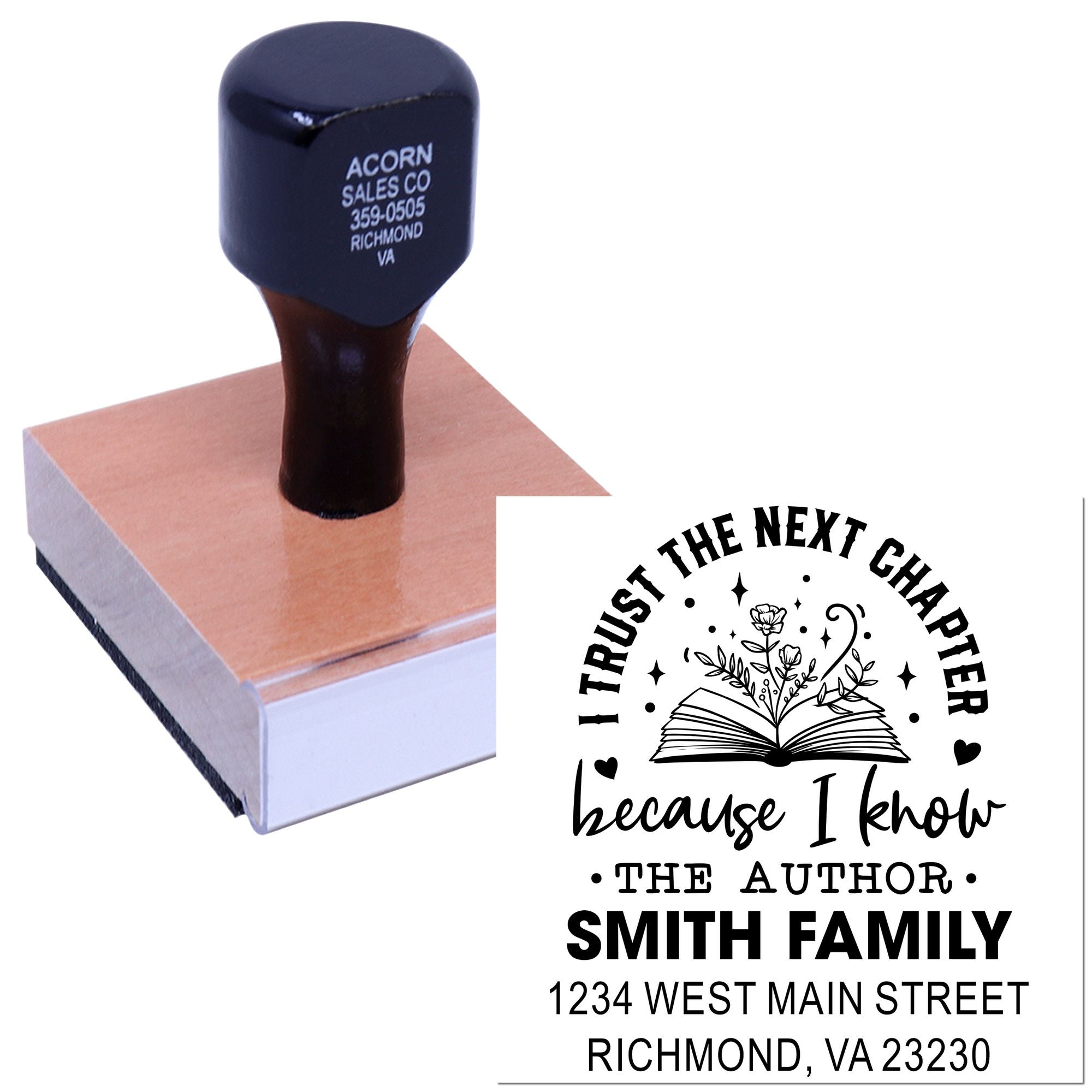 Custom book-themed rubber stamp with personalized family return address design and I Trust the Next Chapter imprint.