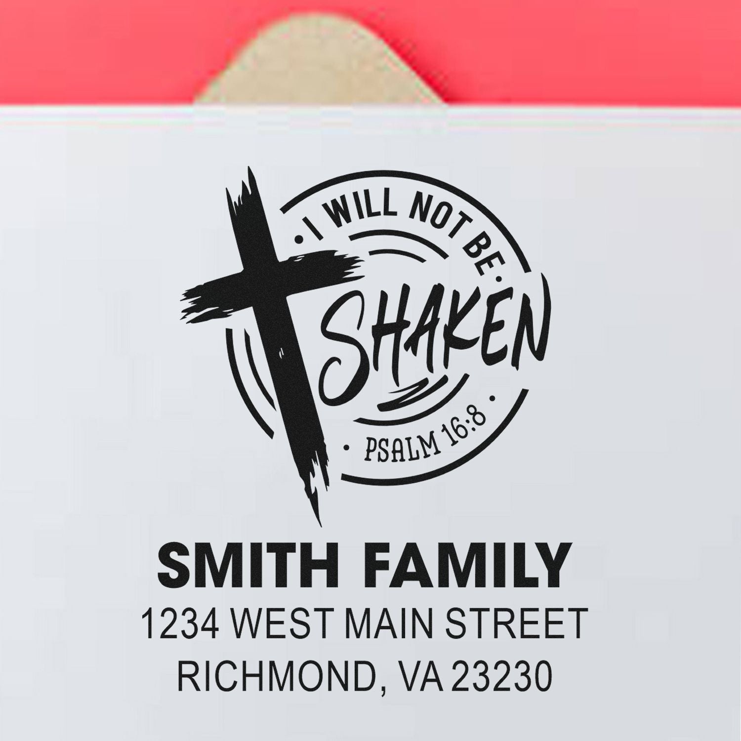 Personalized Christian family return address rubber stamp with cross, Psalm 16:8, Smith family, Richmond, VA.