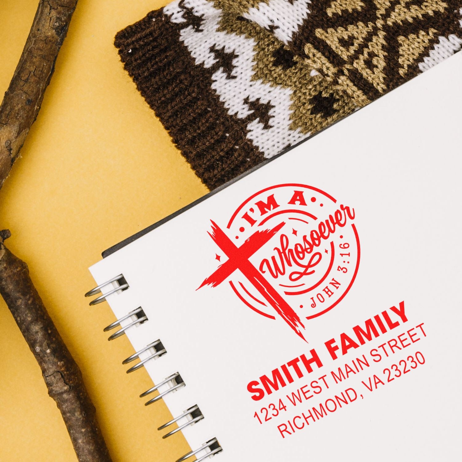 Personalized rubber address stamp for Smith family with John 3:16 scripture design on a notebook cover.
