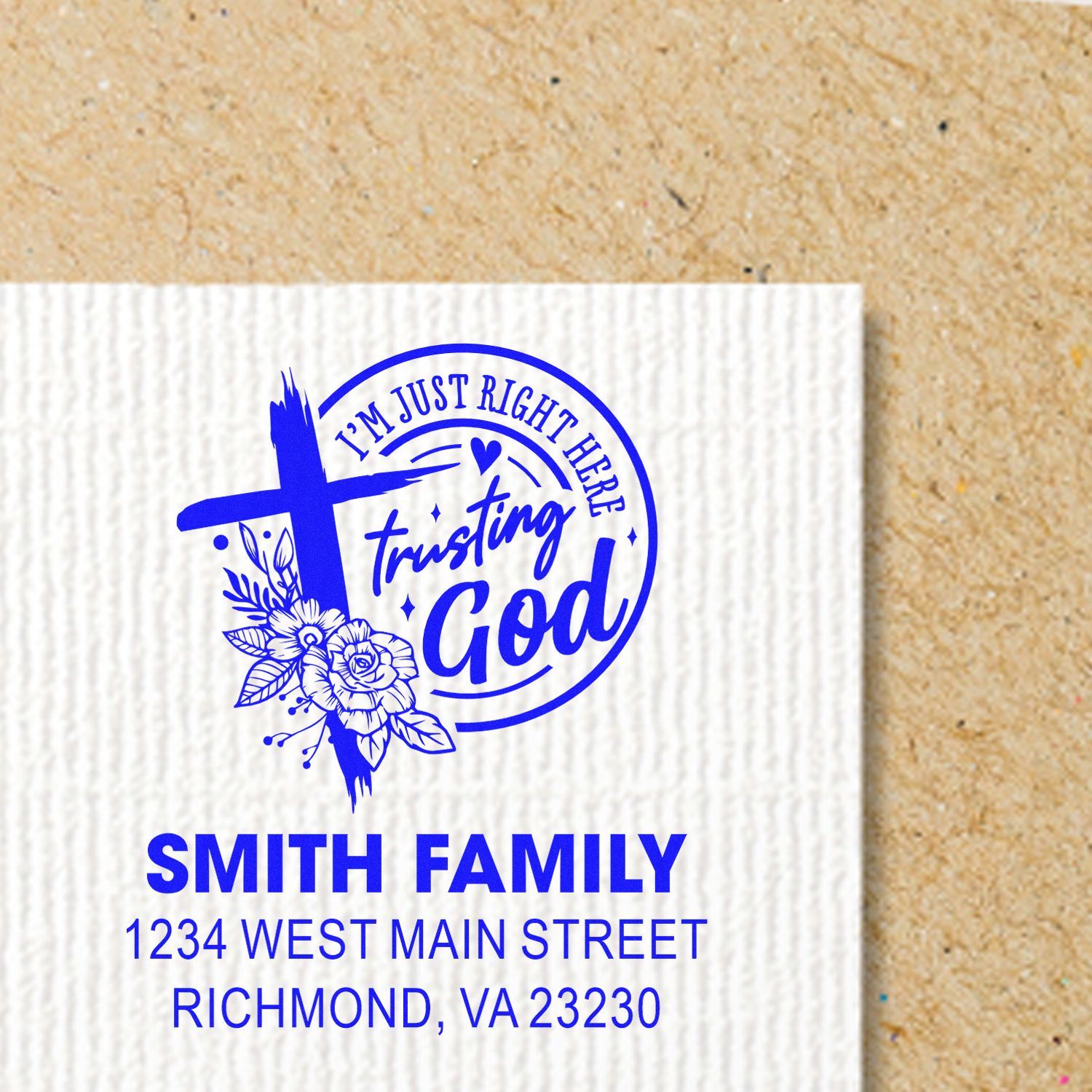 Custom rubber address stamp for Smith family, featuring Christian Im just right here trusting God design and Richmond, VA.