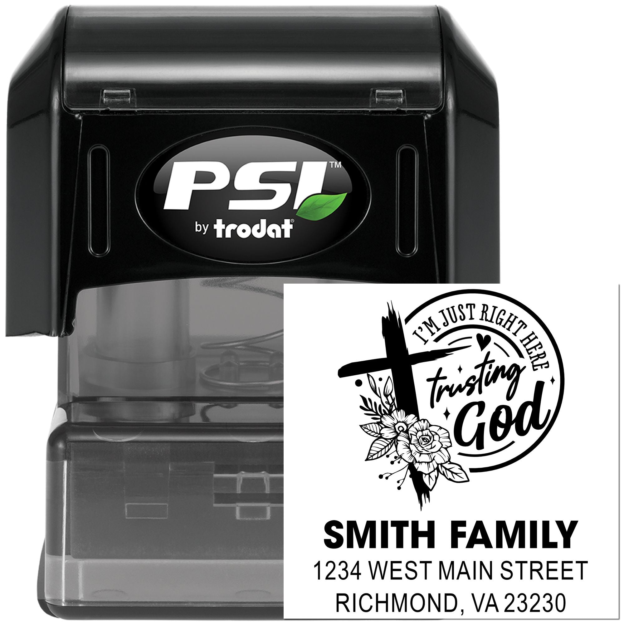 Personalized self-inking rubber address stamp with Christian family design and return address for Smith Family mailings.