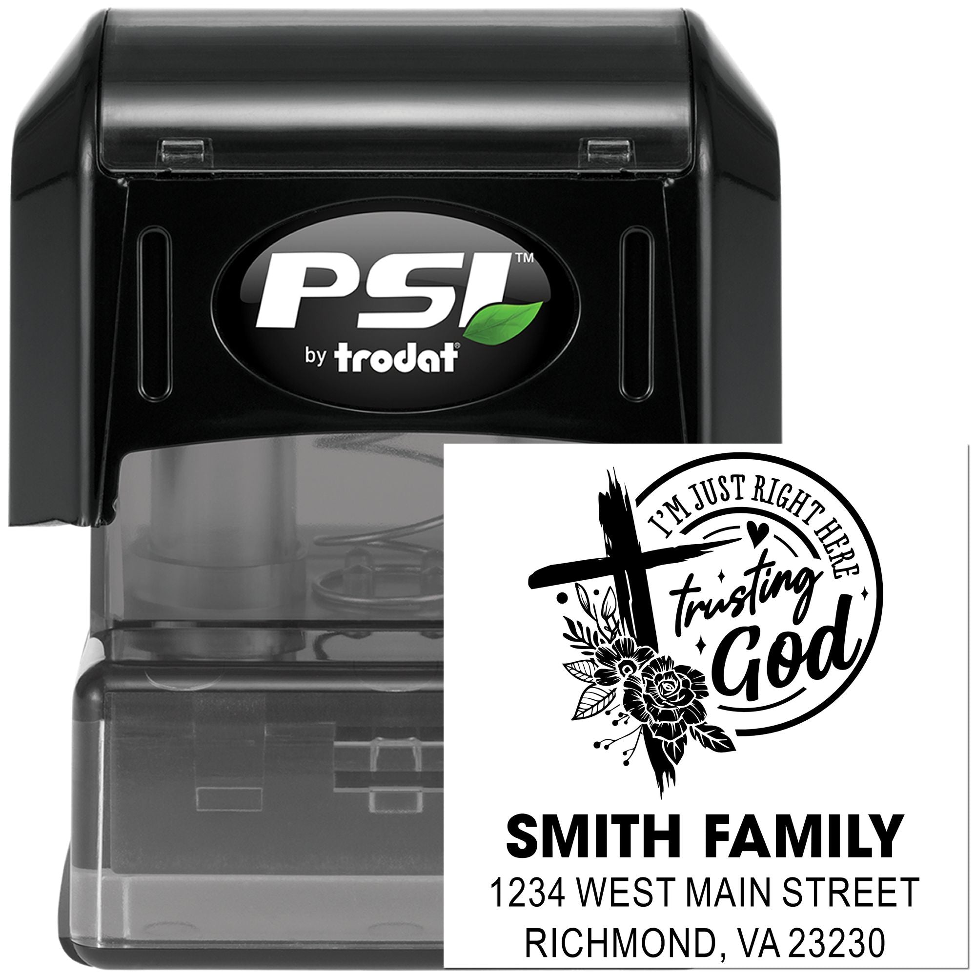 PSI Trodat self-inking rubber stamp with custom Christian family address and trusting God design.