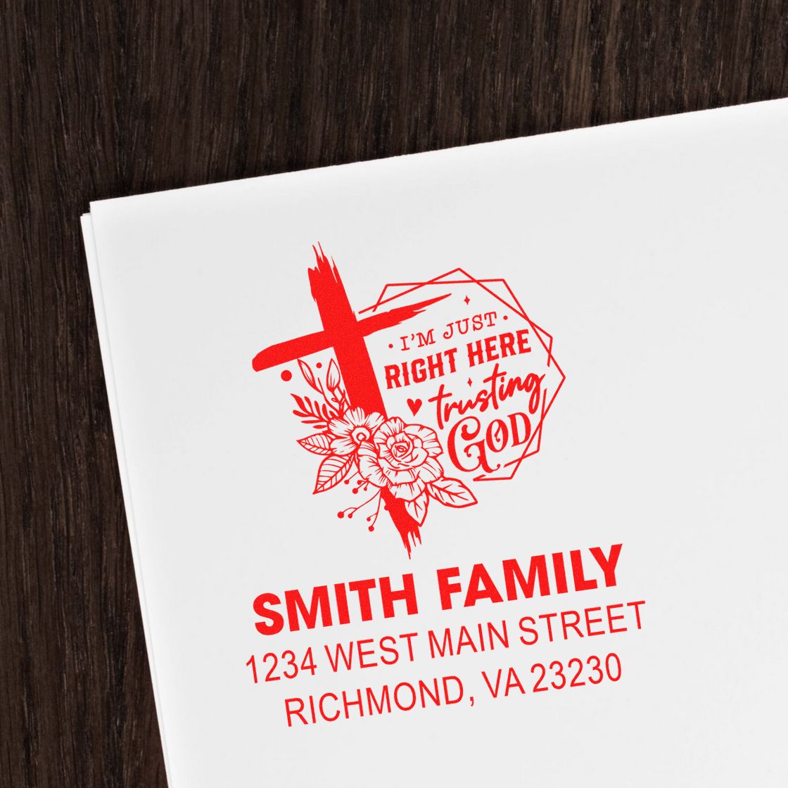 Personalized faith-based family return address rubber stamp with Christian quote, Smith family name, and Richmond, VA.