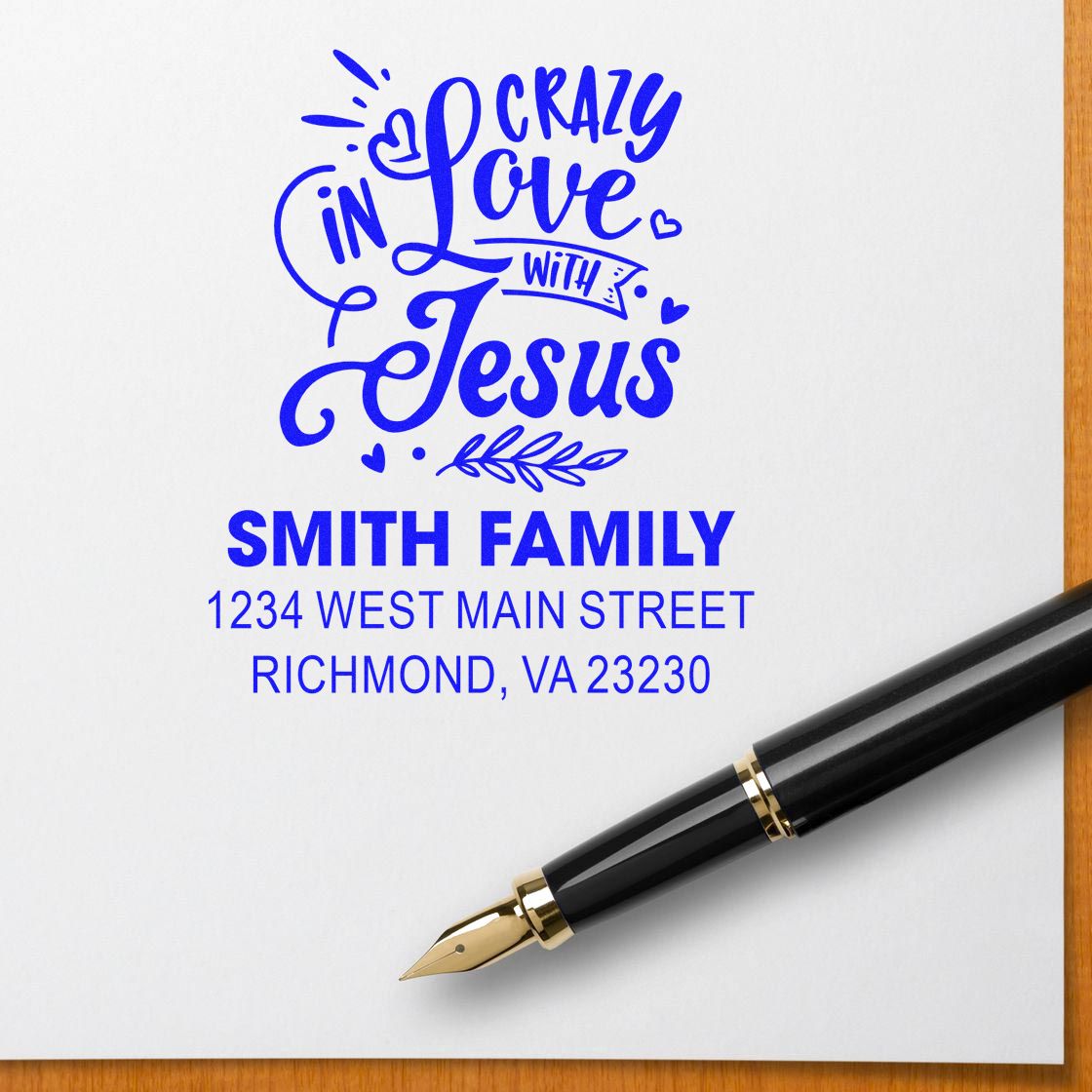 Custom Christian rubber stamp with Crazy in Love with Jesus, Smith family name, and return address for personalized stationery.