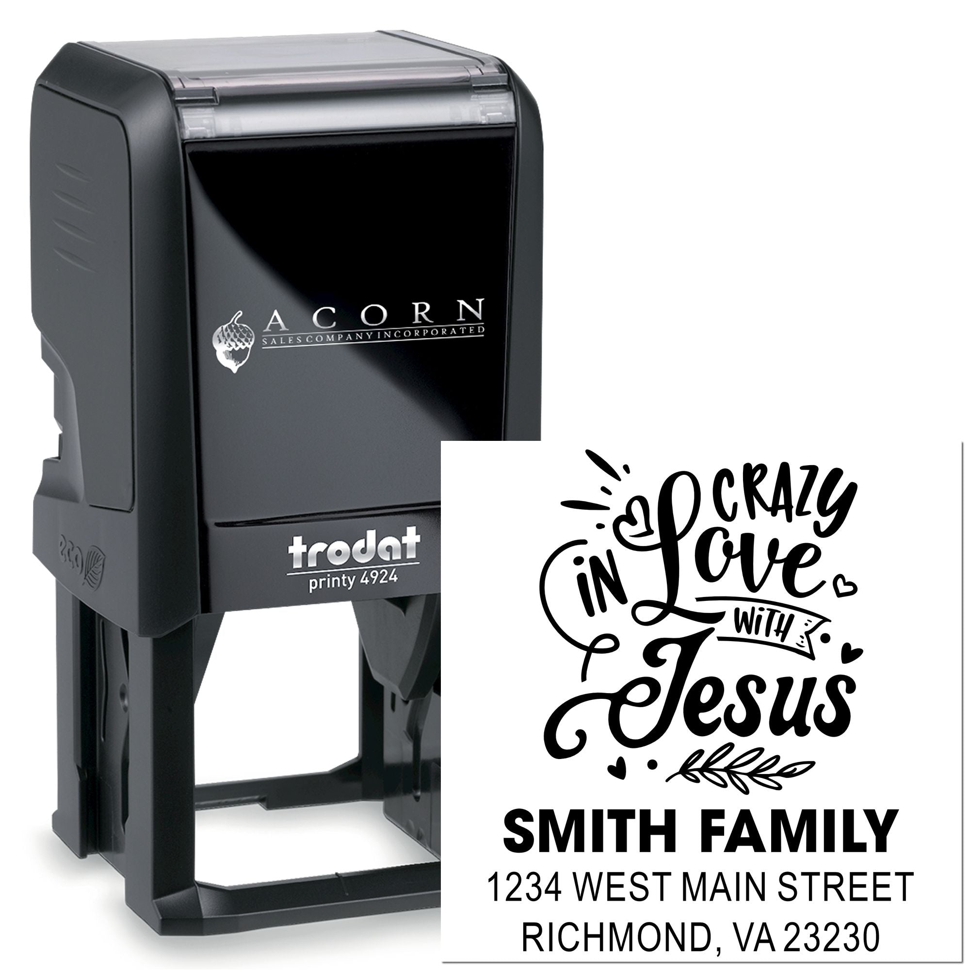 Trodat Printy 4924 custom self-inking rubber stamp with Crazy in Love with Jesus family address imprint.