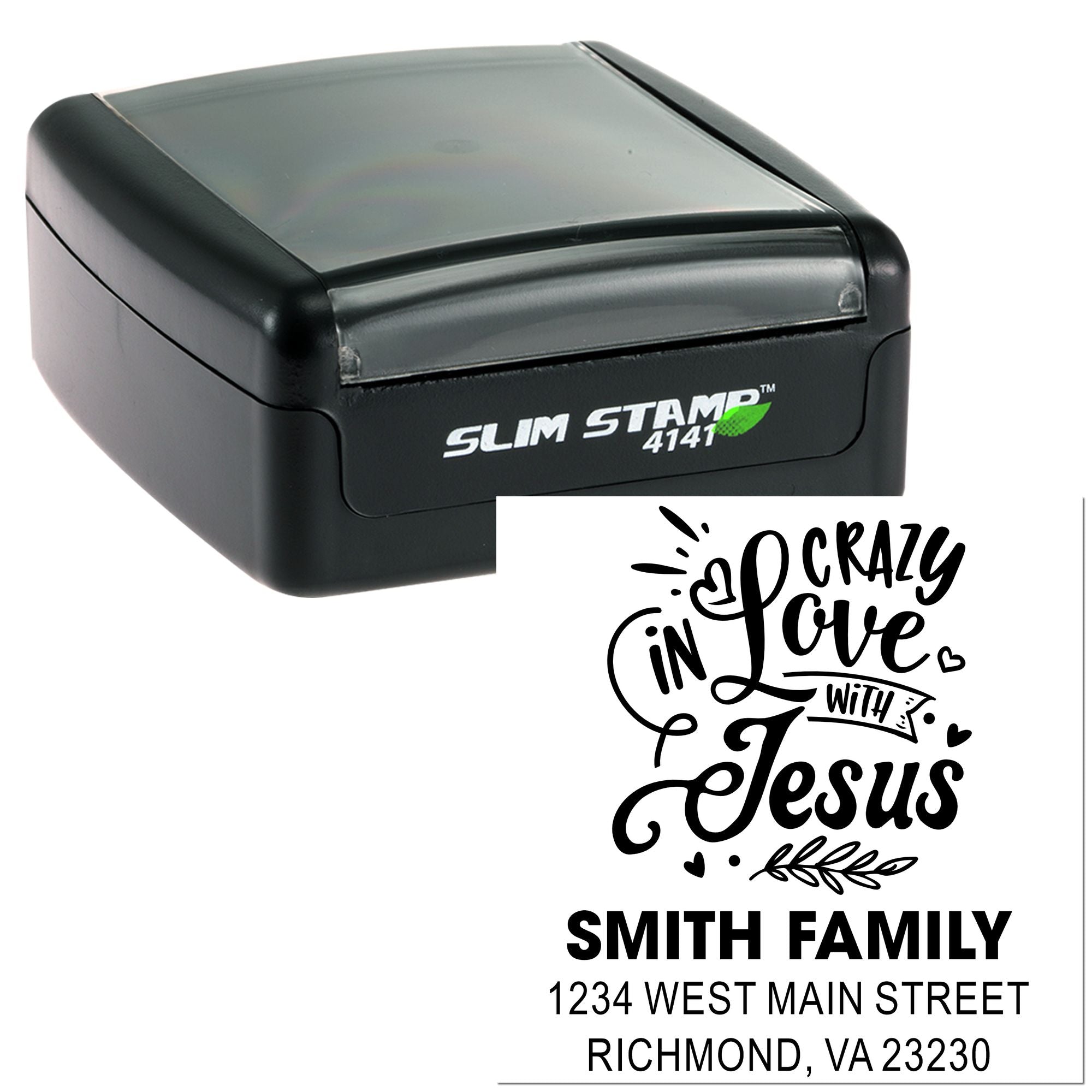 Custom self-inking address stamp showing Crazy in Love with Jesus Smith Family return address design.