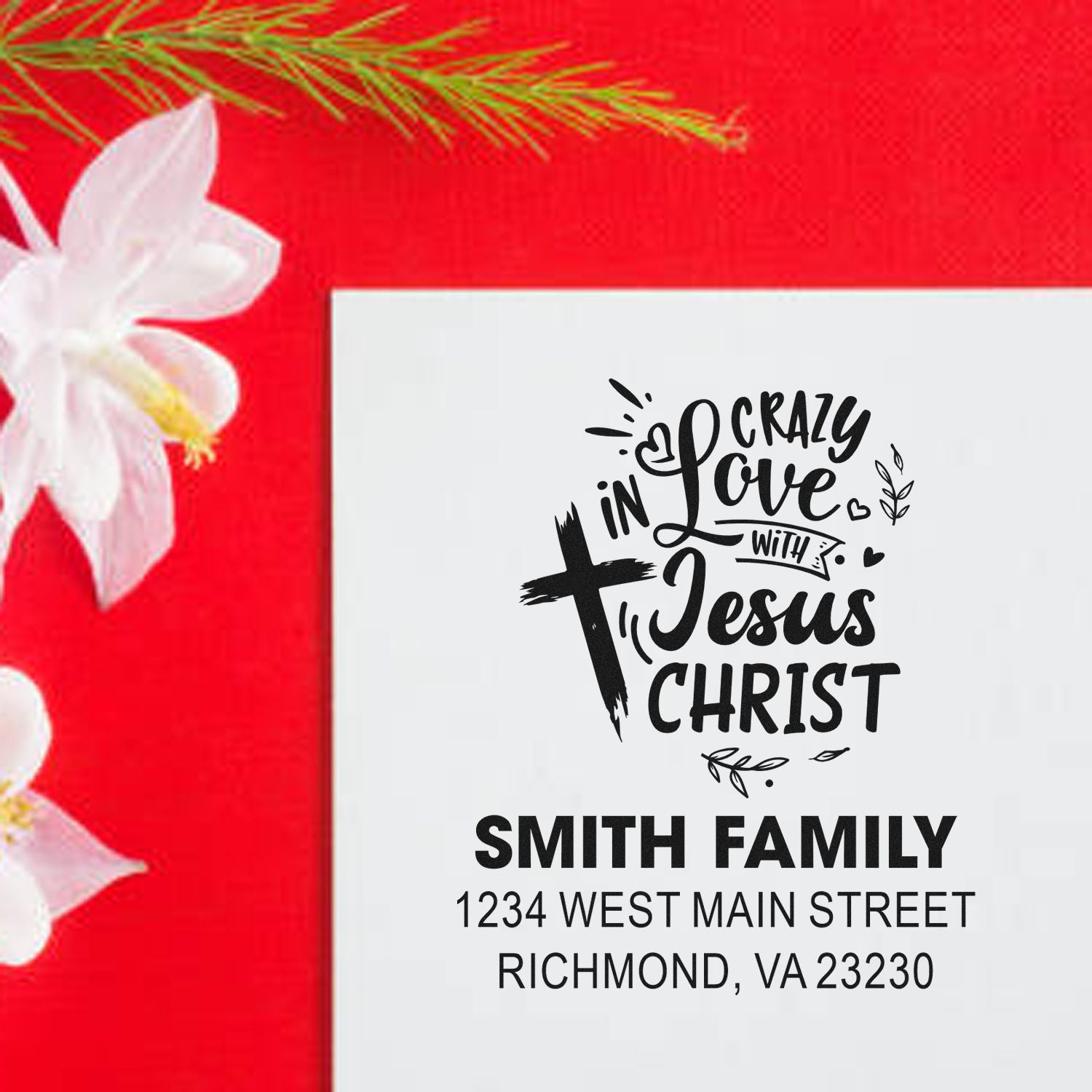 Personalized Christian family address rubber stamp with Crazy in Love with Jesus Christ design and Smith family return address.