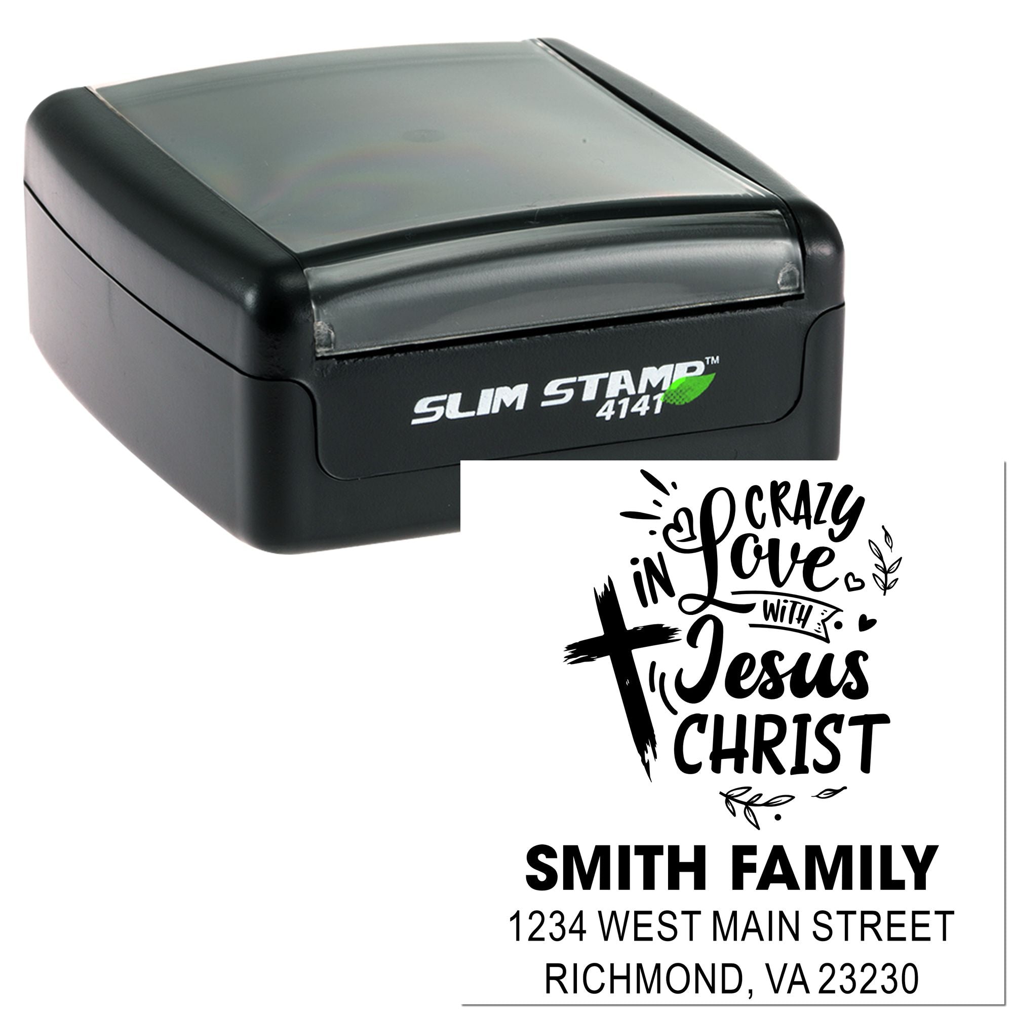 Slim Stamp 4141 self-inking custom rubber stamp with Christian family return address design for envelopes, mail and crafts.