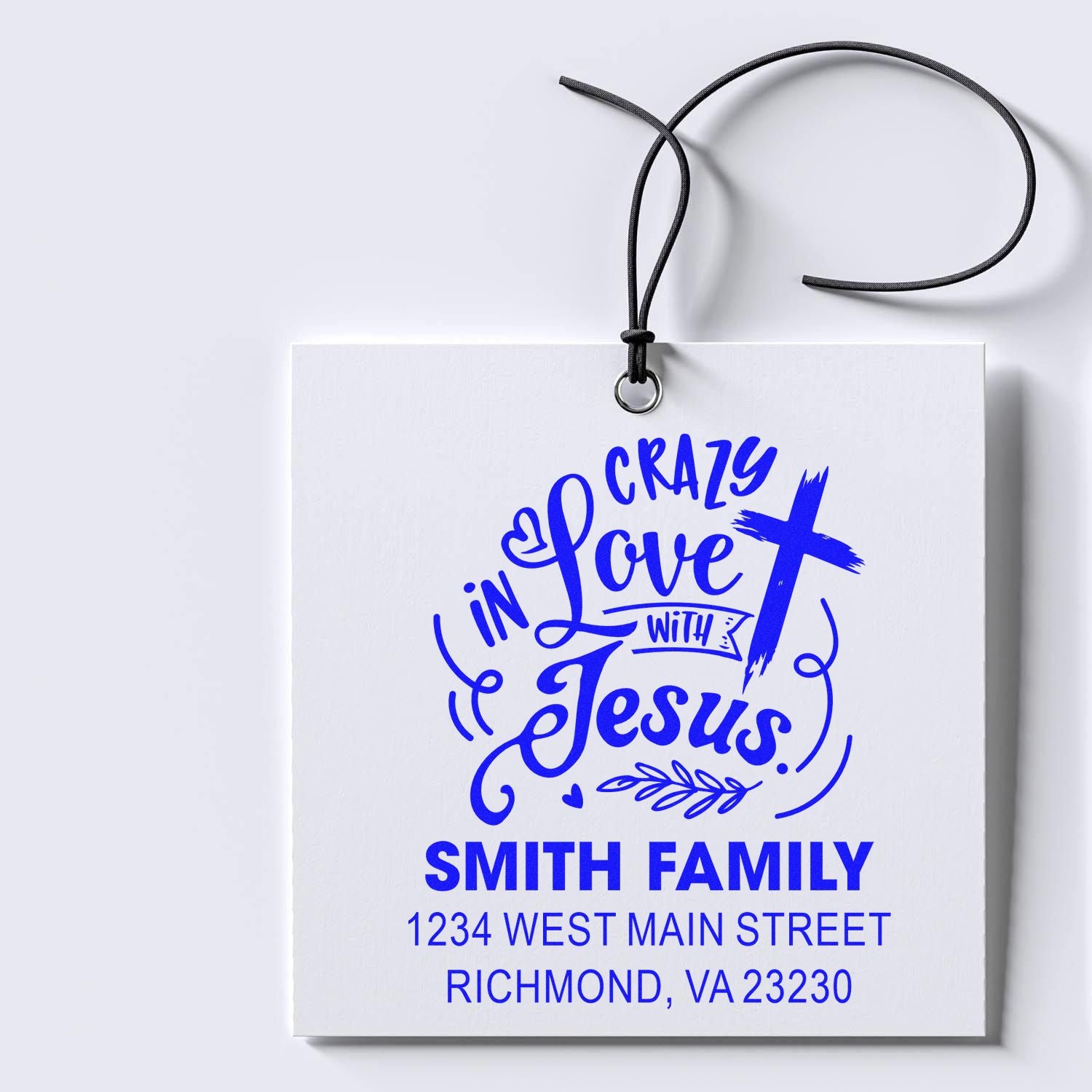 Personalized Christian address stamp with Crazy in Love with Jesus design for Smith Family.