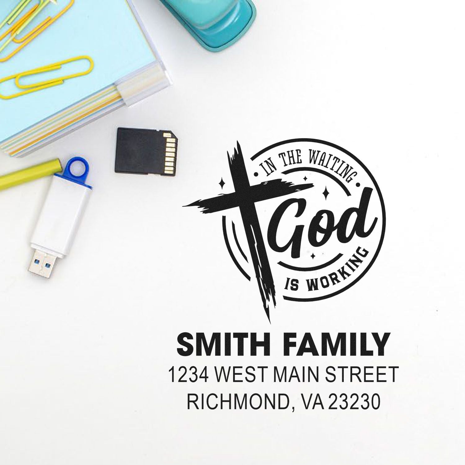 Custom Christian return address rubber stamp with cross and In the Waiting God Is Working design for Smith Family.