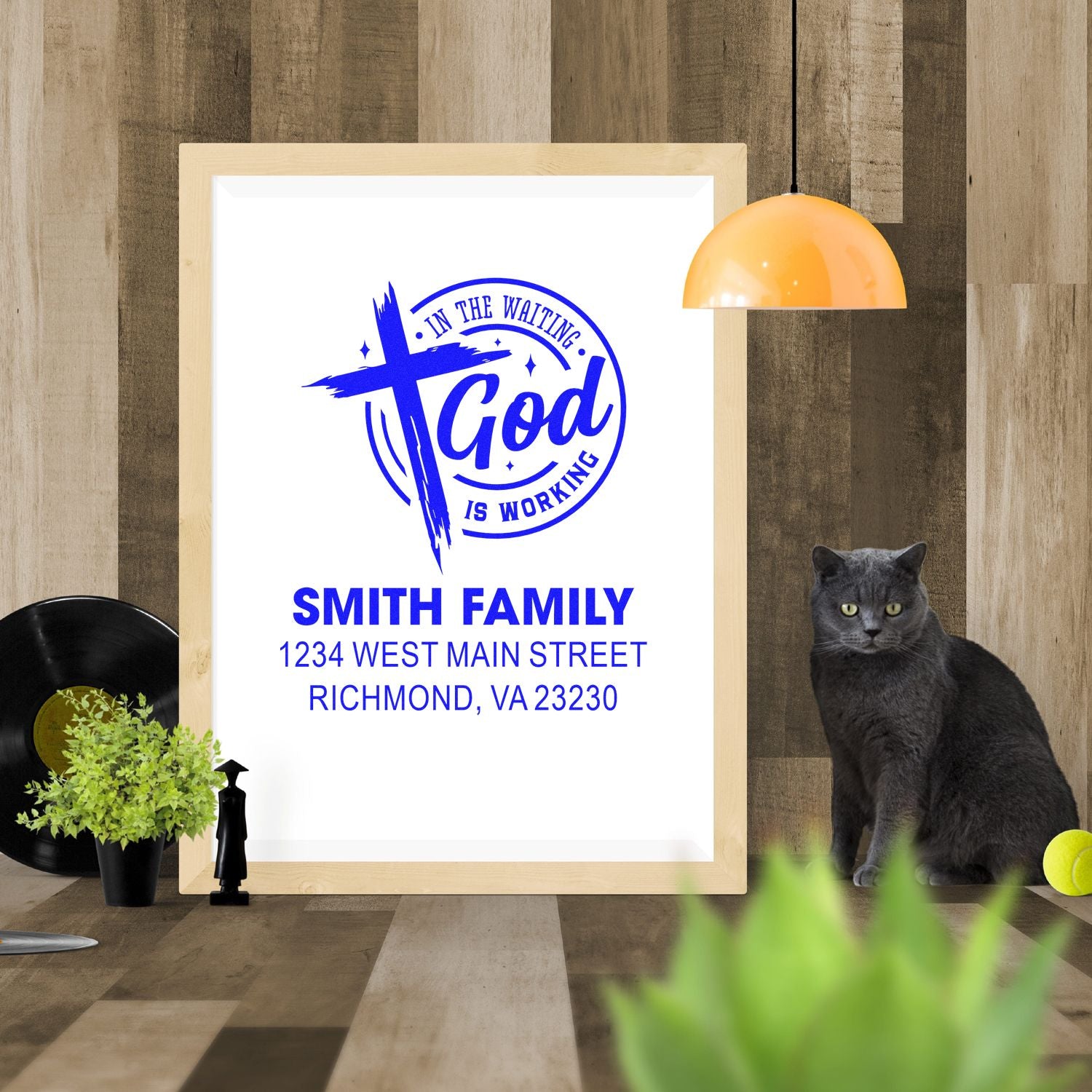 Custom Christian family address rubber stamp with cross and In the Waiting God Is Working design for Smith Family
