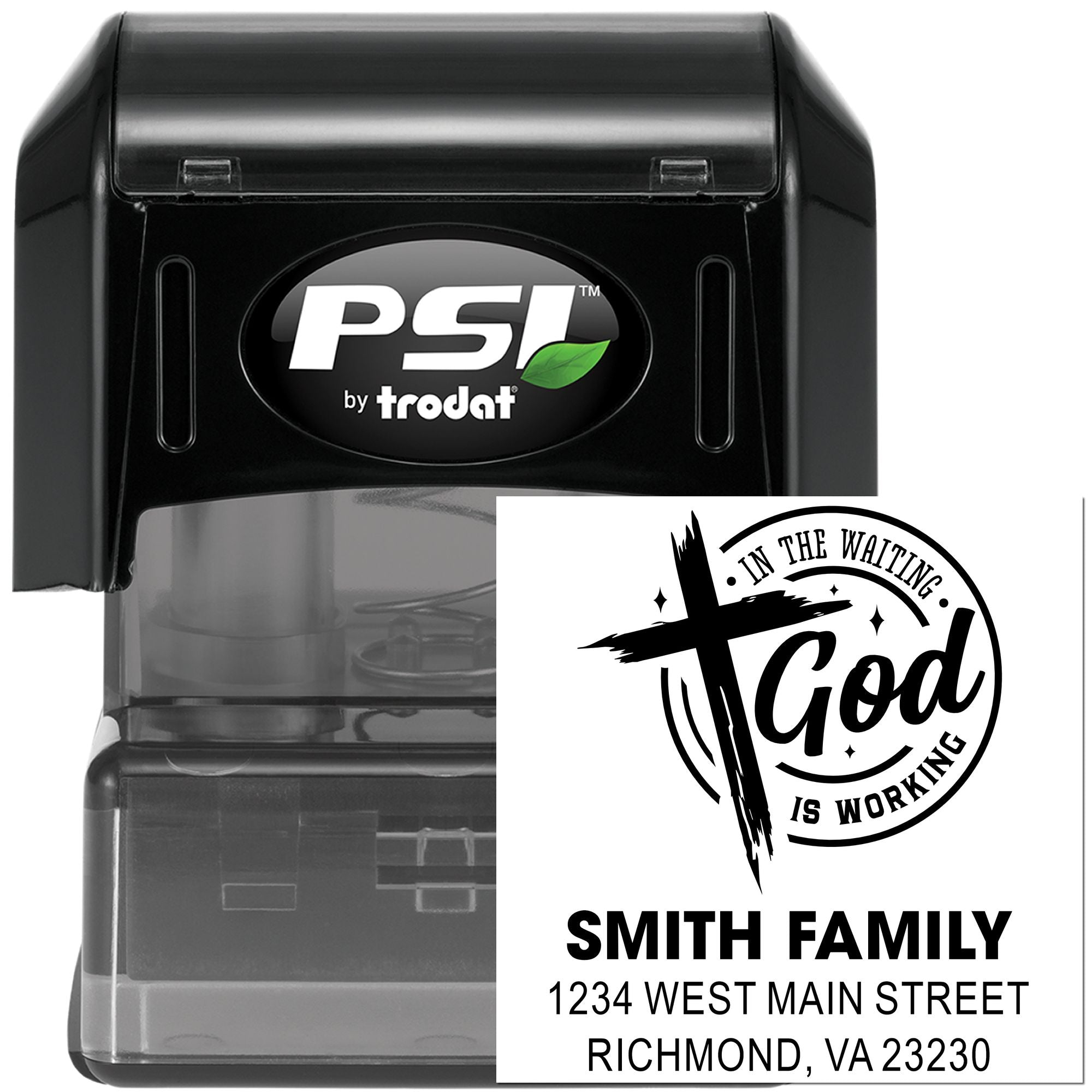 Custom self-inking rubber address stamp with faith quote, Smith Family name, and return address, PSI by Trodat