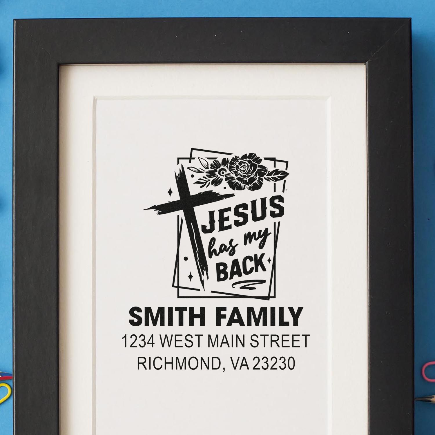 Custom return address rubber stamp with Jesus Has My Back cross design for Smith Family in Richmond, VA.