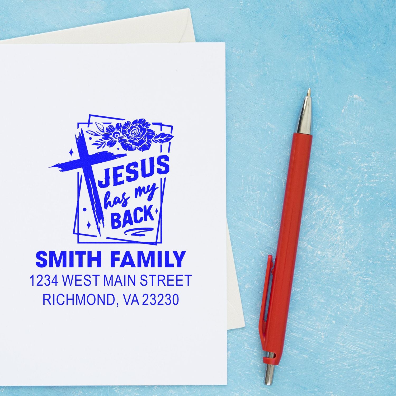 Custom Christian rubber stamp with Jesus has my back design and Smith Family return address for cards and mail.