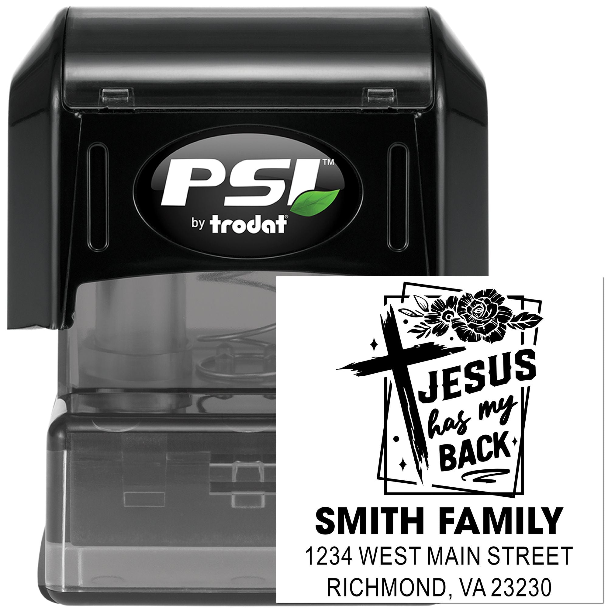 Custom self-inking rubber address stamp with Jesus has my back Christian family design for return mail.