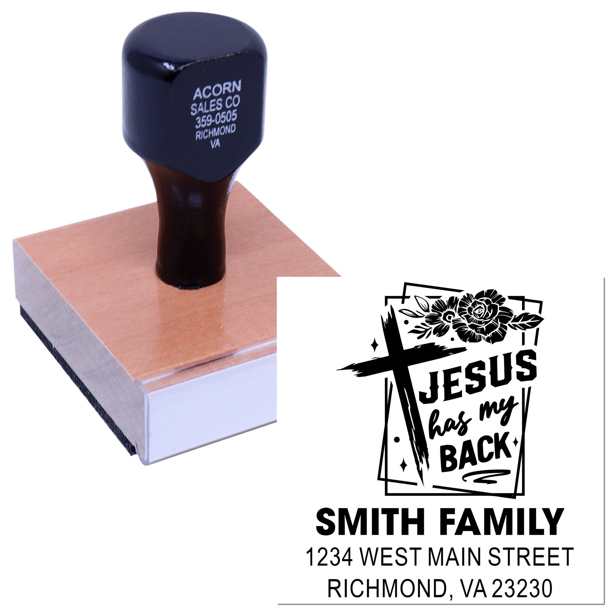 Custom rubber stamp with Jesus Has My Back design and Smith Family address imprint