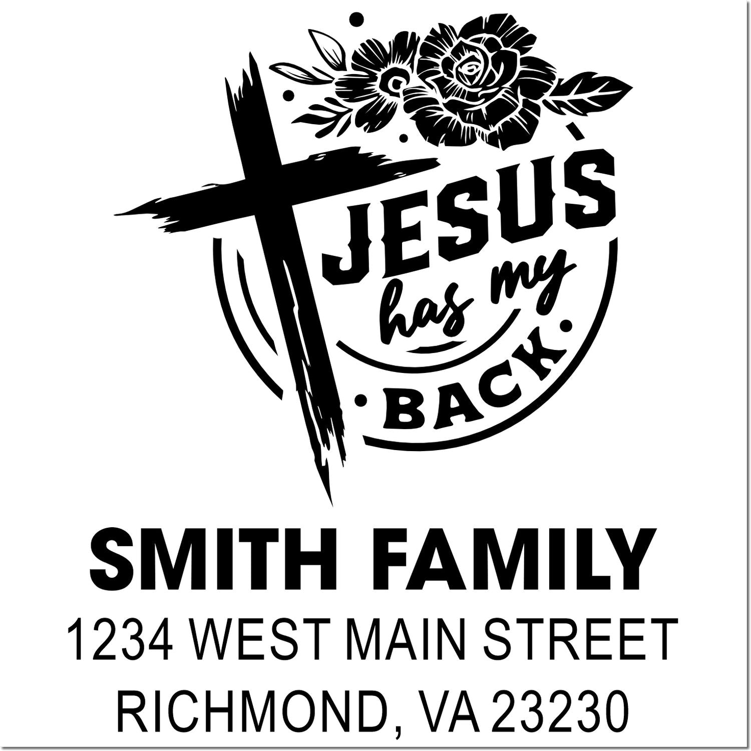 Custom Christian family address rubber stamp with cross, floral design, and Jesus has my back quote for Smith Family, Richmond VA.