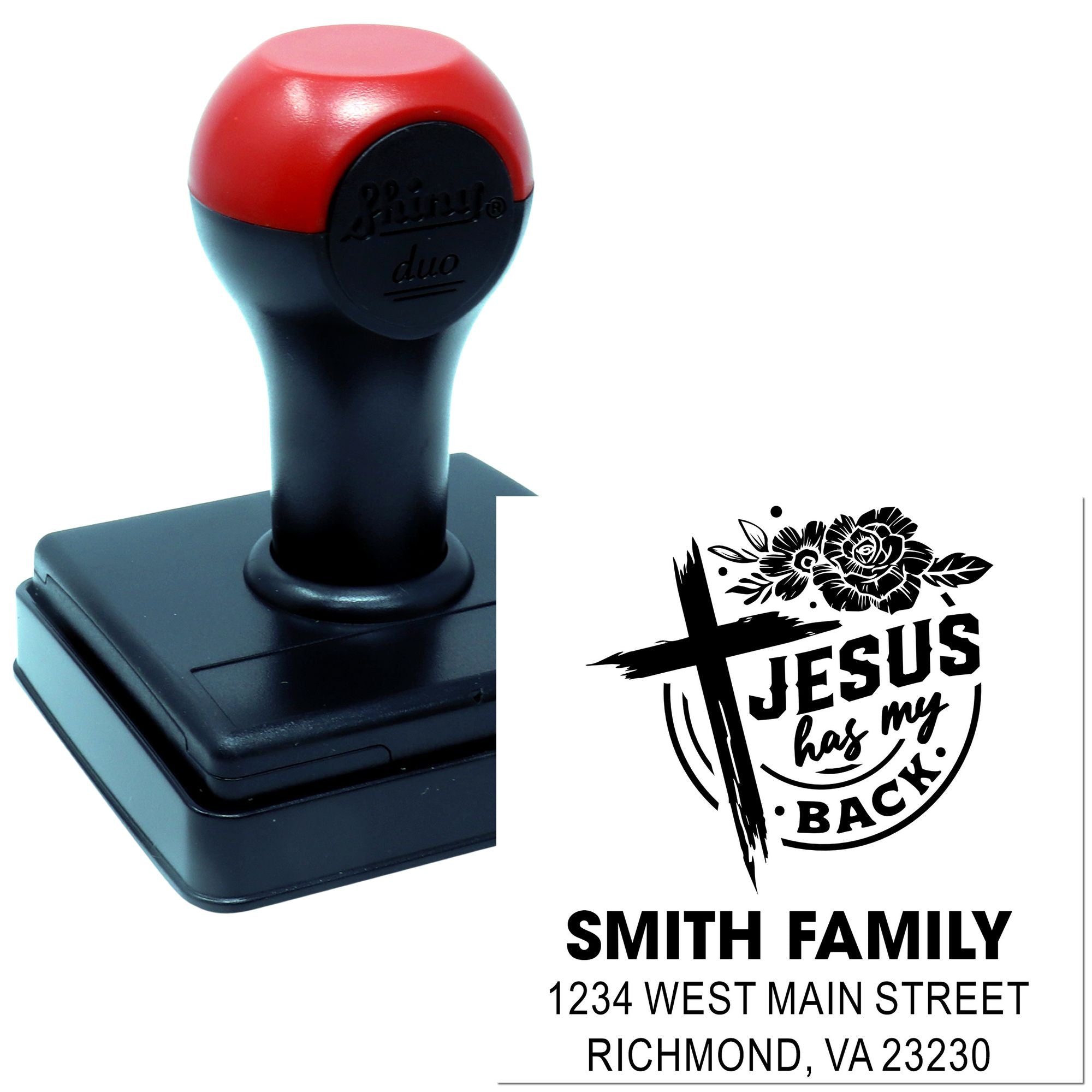 Custom self-inking rubber stamp with Christian Jesus has my back return address design for Smith family.