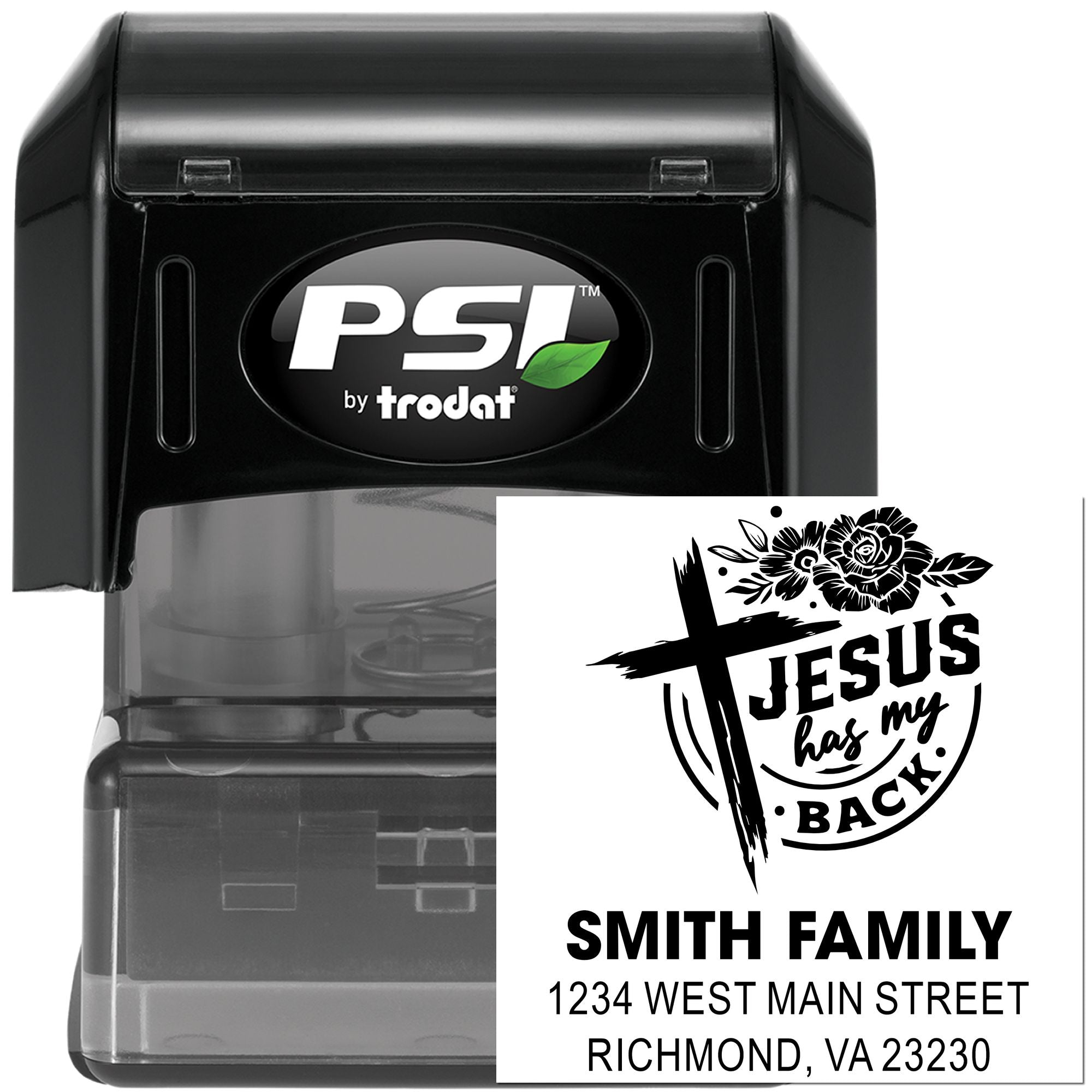 Custom self-inking rubber stamp with Christian cross design and Smith family address, personalized PSI by Trodat address stamp