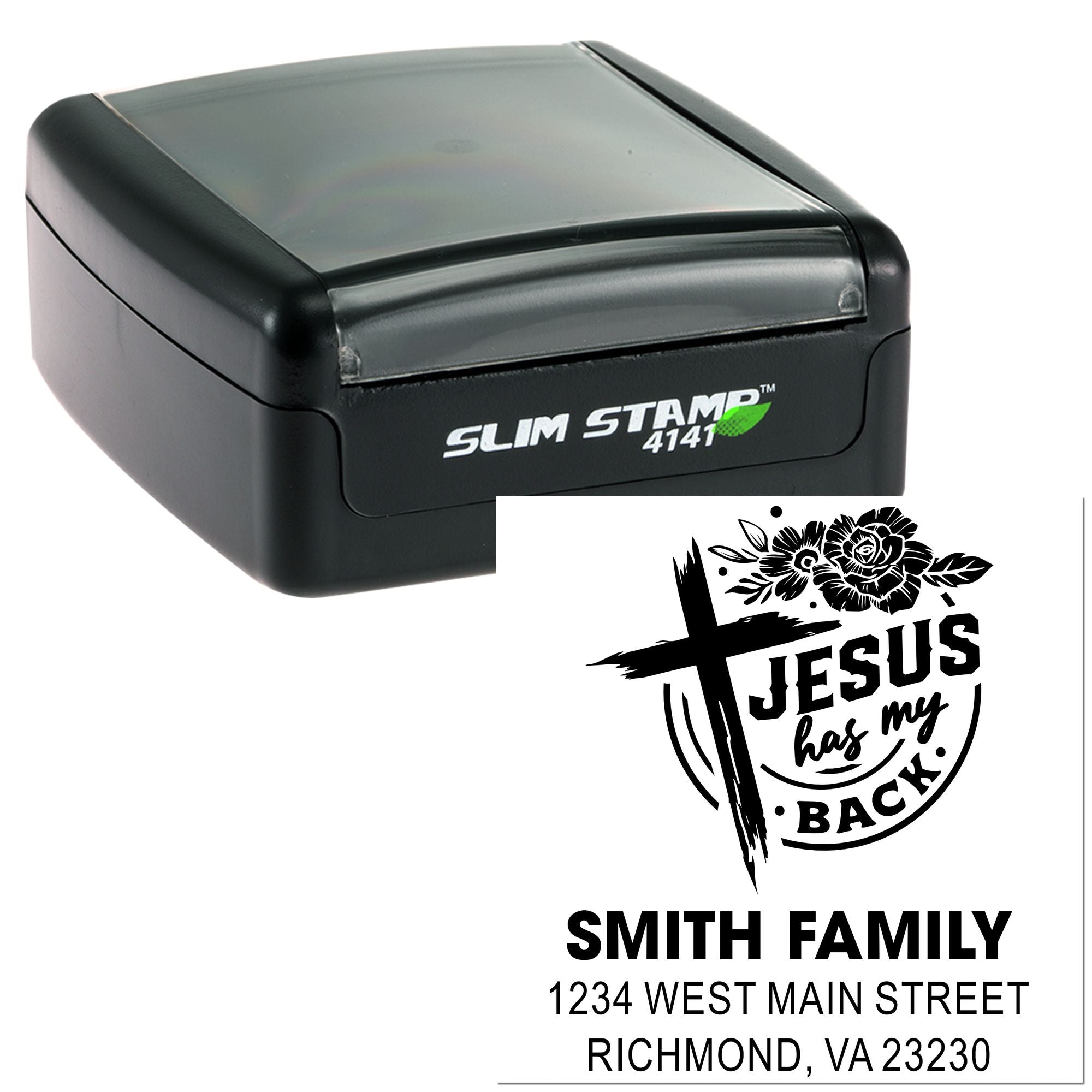 Slim self-inking rubber stamp with custom Christian return address design: Jesus has my back, Smith Family, Richmond, VA.