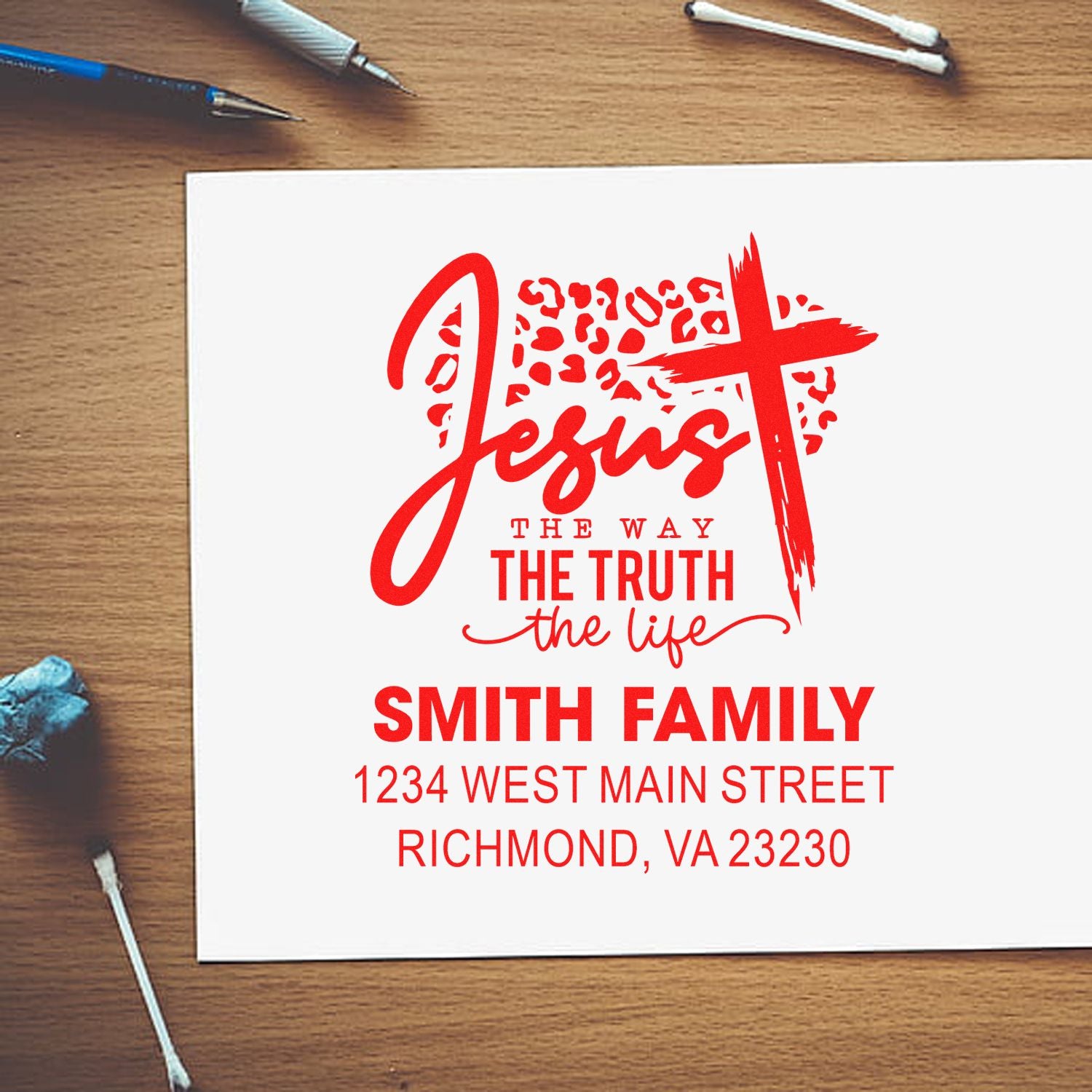 Custom Christian family address rubber stamp with Jesus the way the truth the life and Smith family return address design.