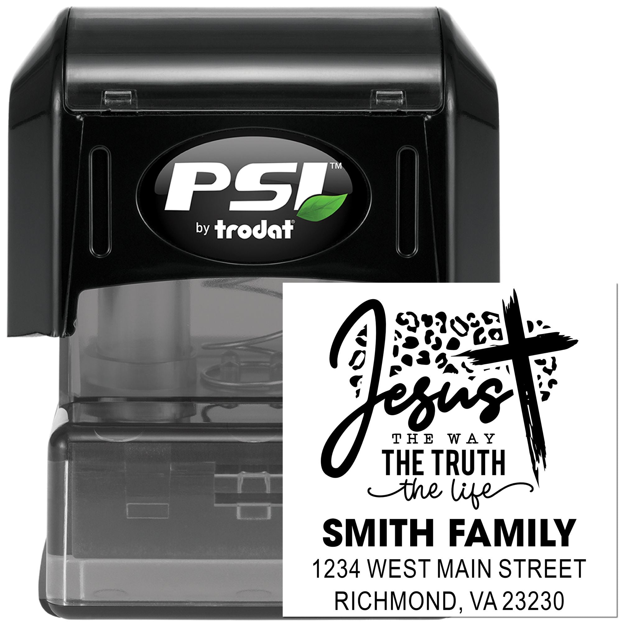 Custom self-inking rubber address stamp with Jesus design, Smith family name, and Richmond, VA address