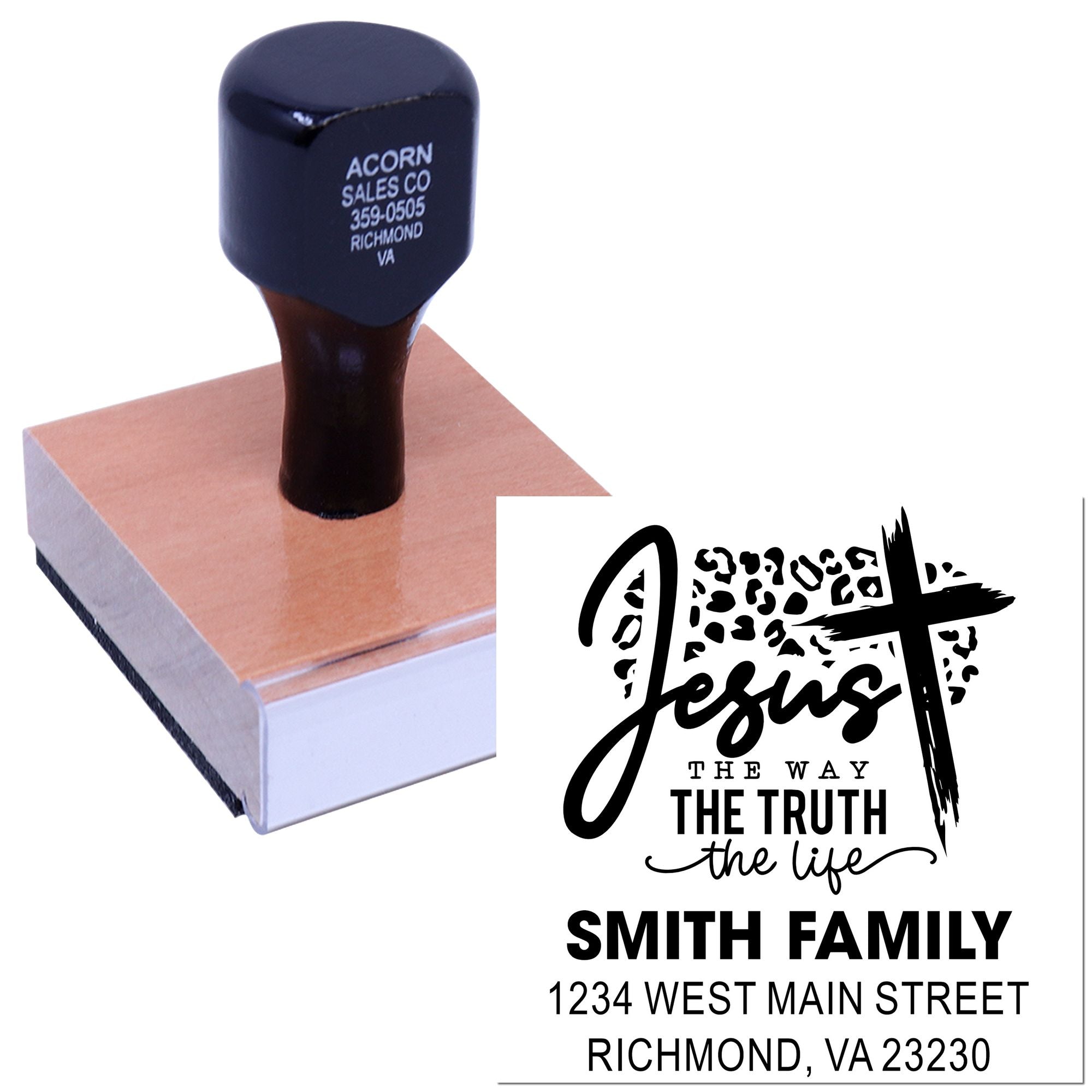 Custom rubber stamp with Christian family address design featuring Jesus the way the truth the life and Smith Family text.