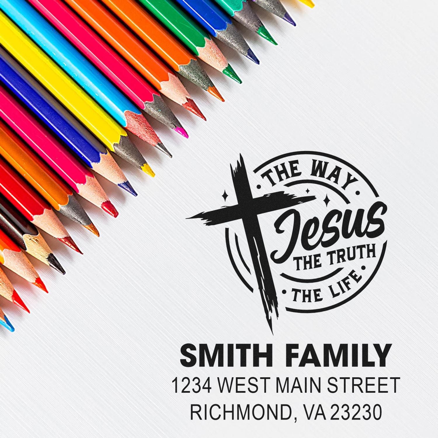 Custom Christian family return address rubber stamp with cross logo, Smith Family name, and Bible verse design.