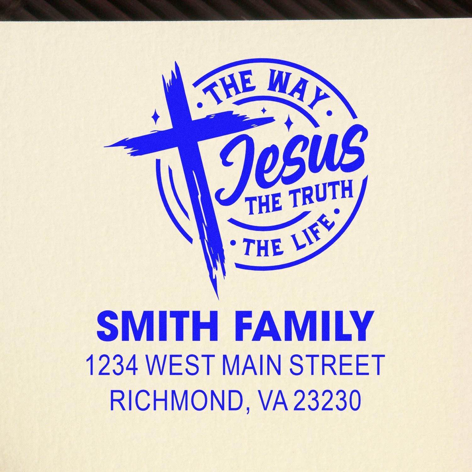 Custom Christian family rubber stamp with cross and return address, Smith Family, 1234 West Main Street, Richmond, VA 23230.