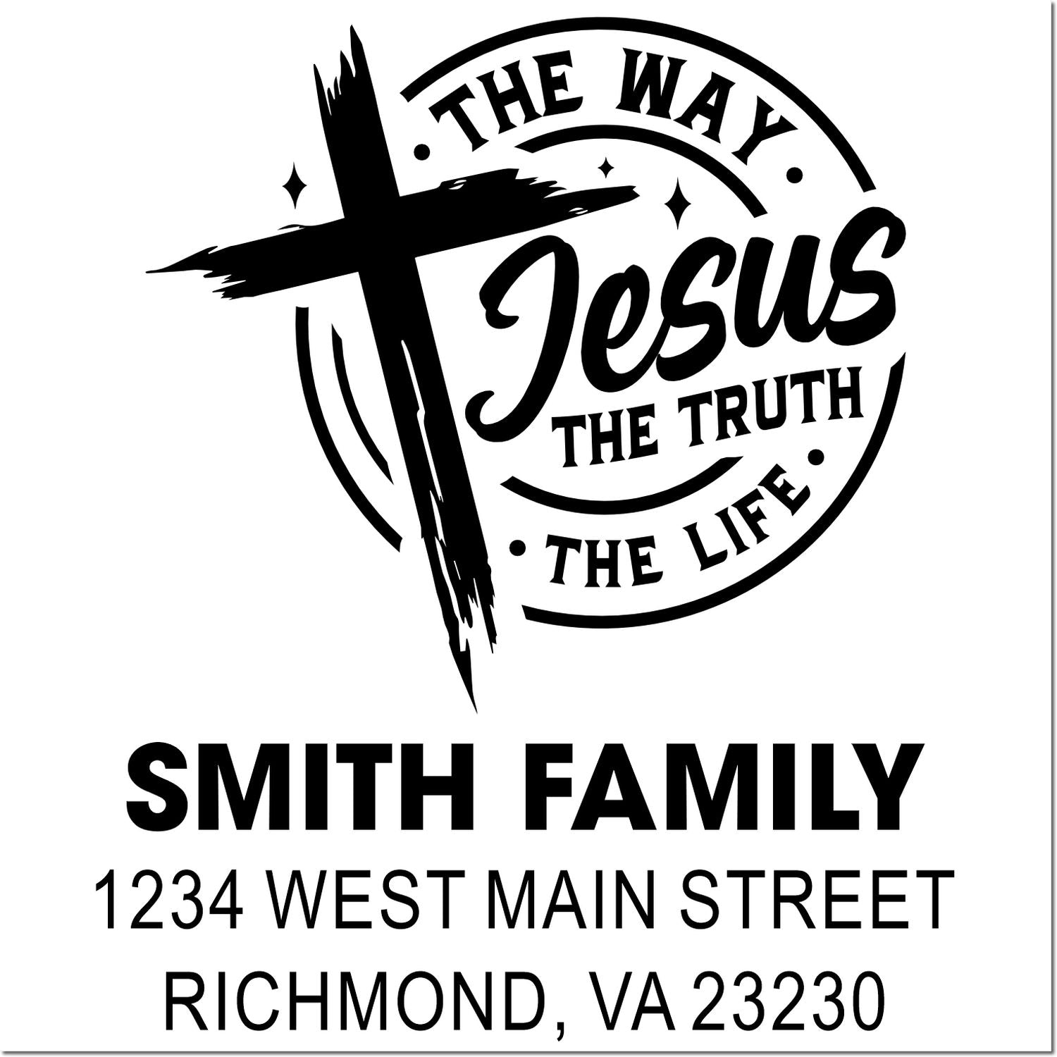 Custom Christian address rubber stamp with cross and The Way, Jesus, The Truth, The Life for Smith family, Richmond VA 23230.