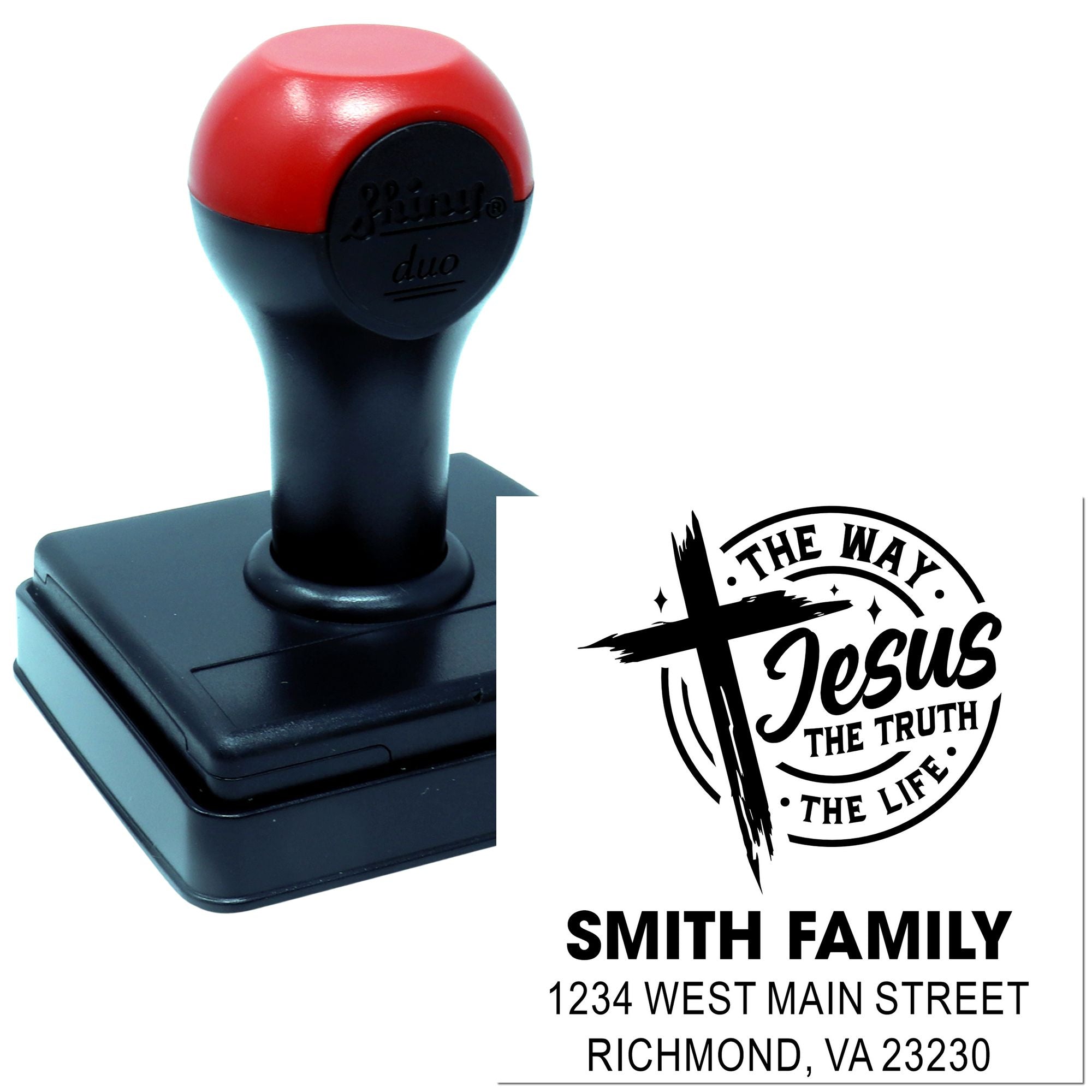 Custom self-inking rubber stamp with Christian return address design for Smith Family, featuring The Way, Jesus, the Truth, the Life.