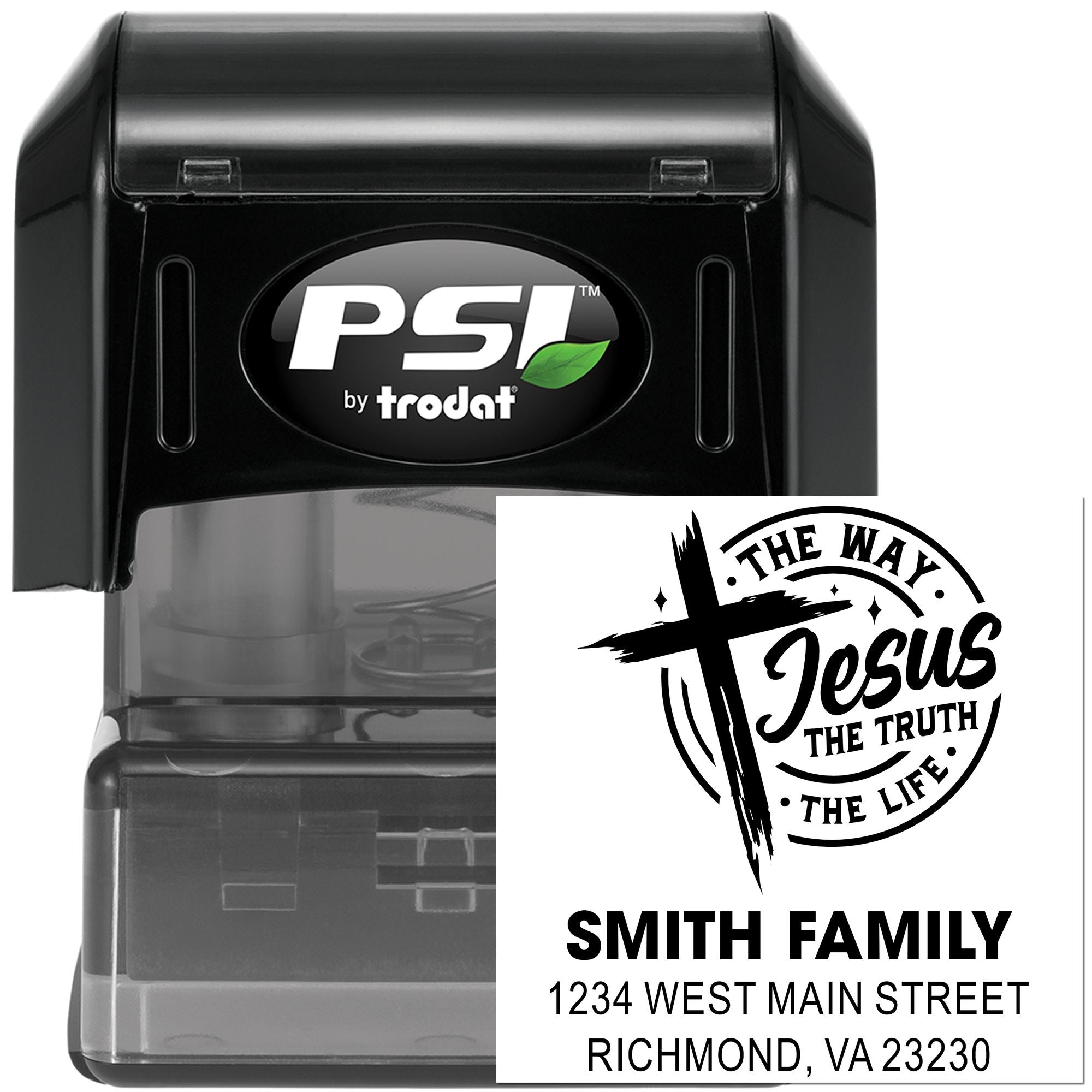 PSI by Trodat self-inking rubber stamp with custom Christian family address design reading The Way, Jesus, the Truth, the Life