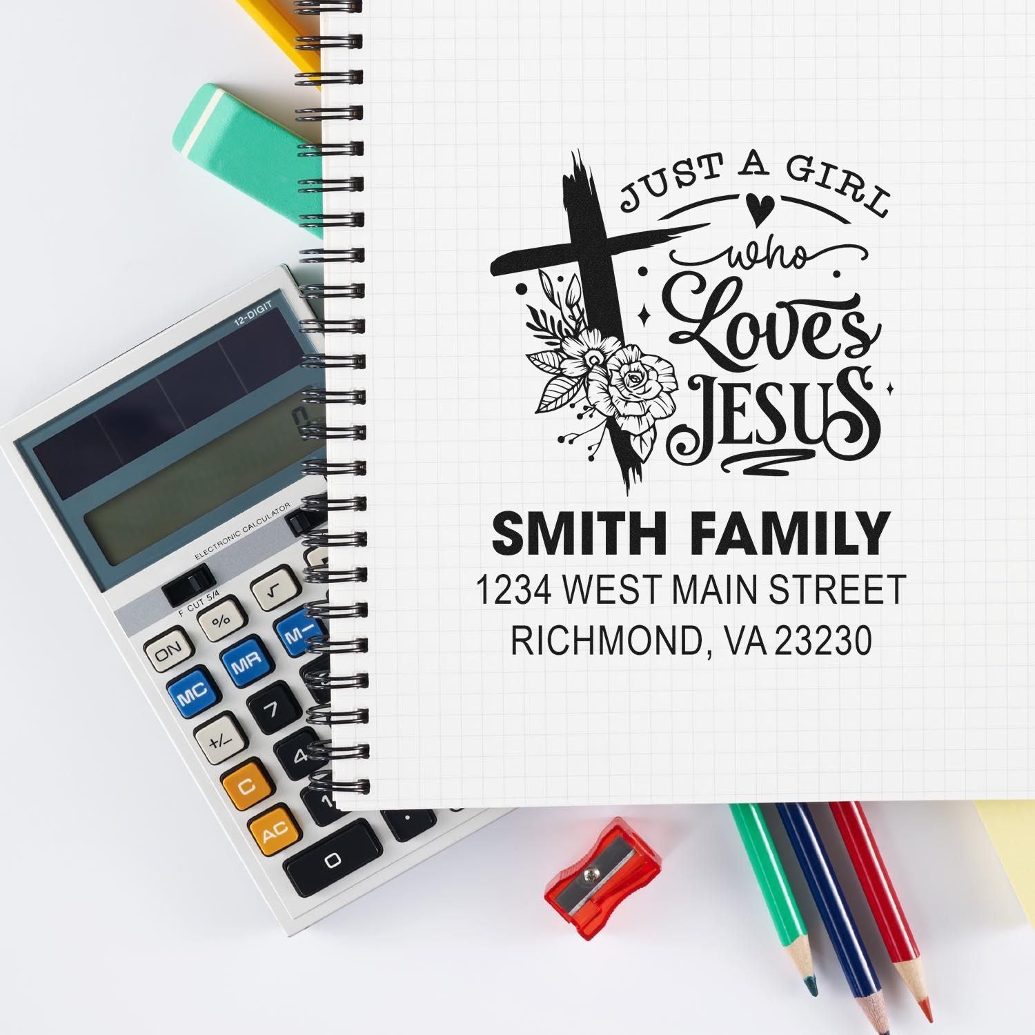 Personalized Christian rubber stamp design with Just a Girl Who Loves Jesus, Smith family name, and return address.