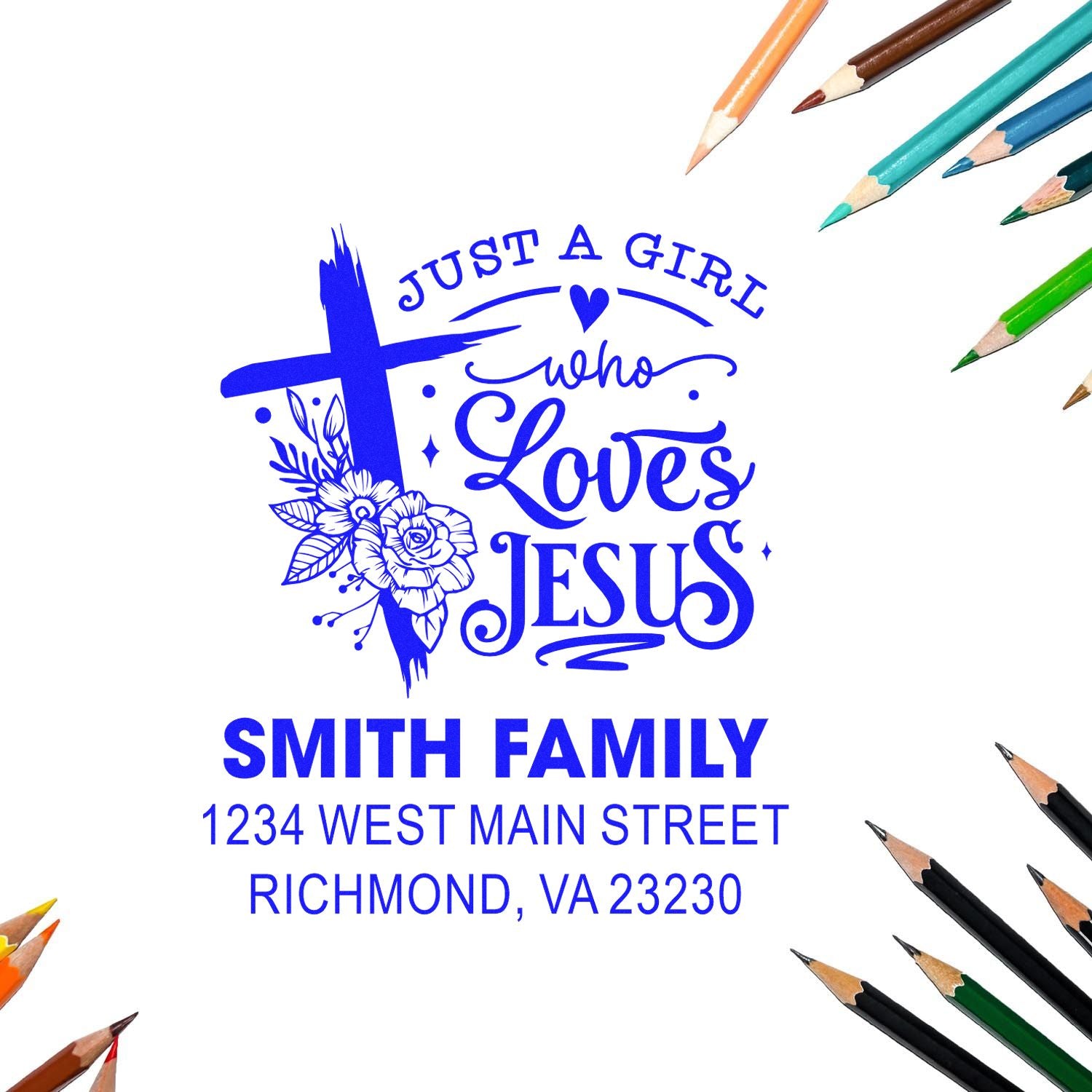 Personalized Christian address rubber stamp with cross and Just a Girl Who Loves Jesus for the Smith Family.