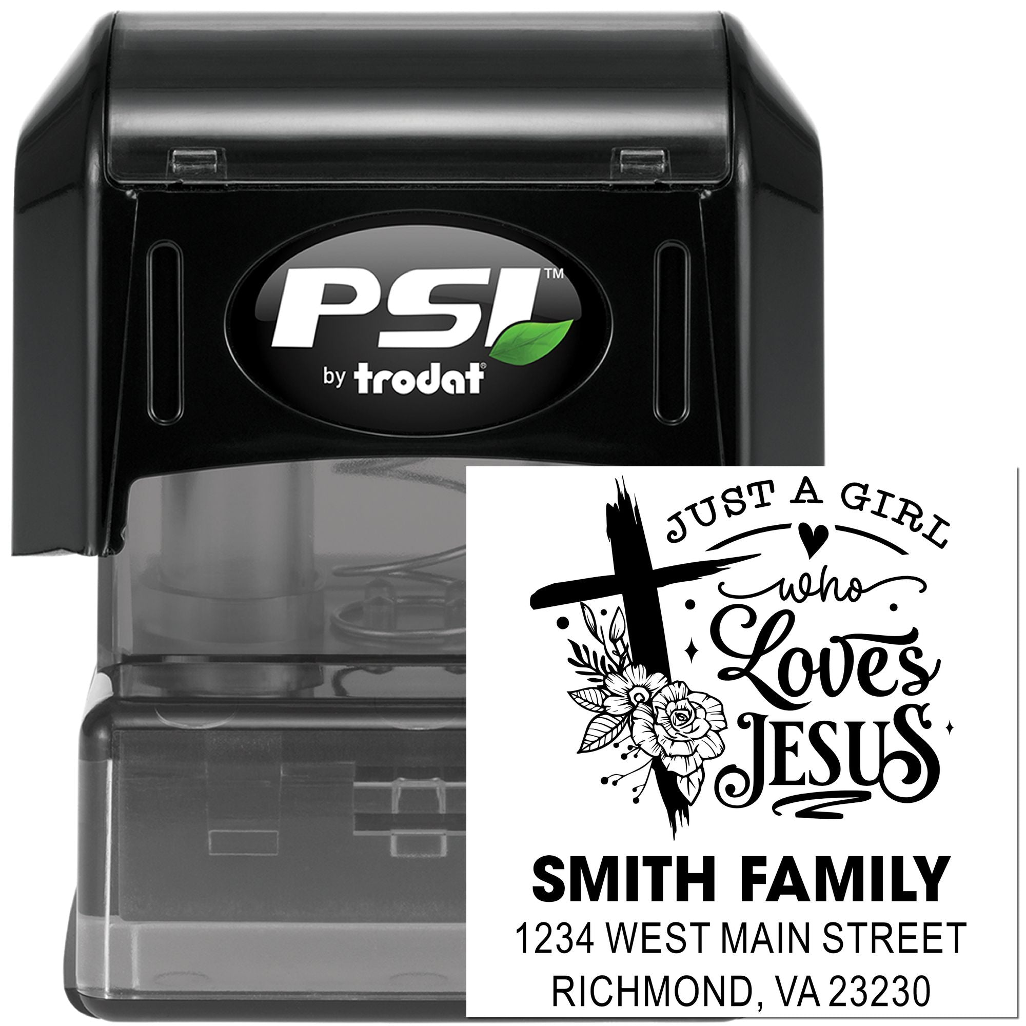 PSI by Trodat custom self-inking rubber stamp with Just a Girl Who Loves Jesus design, Smith Family name and address.