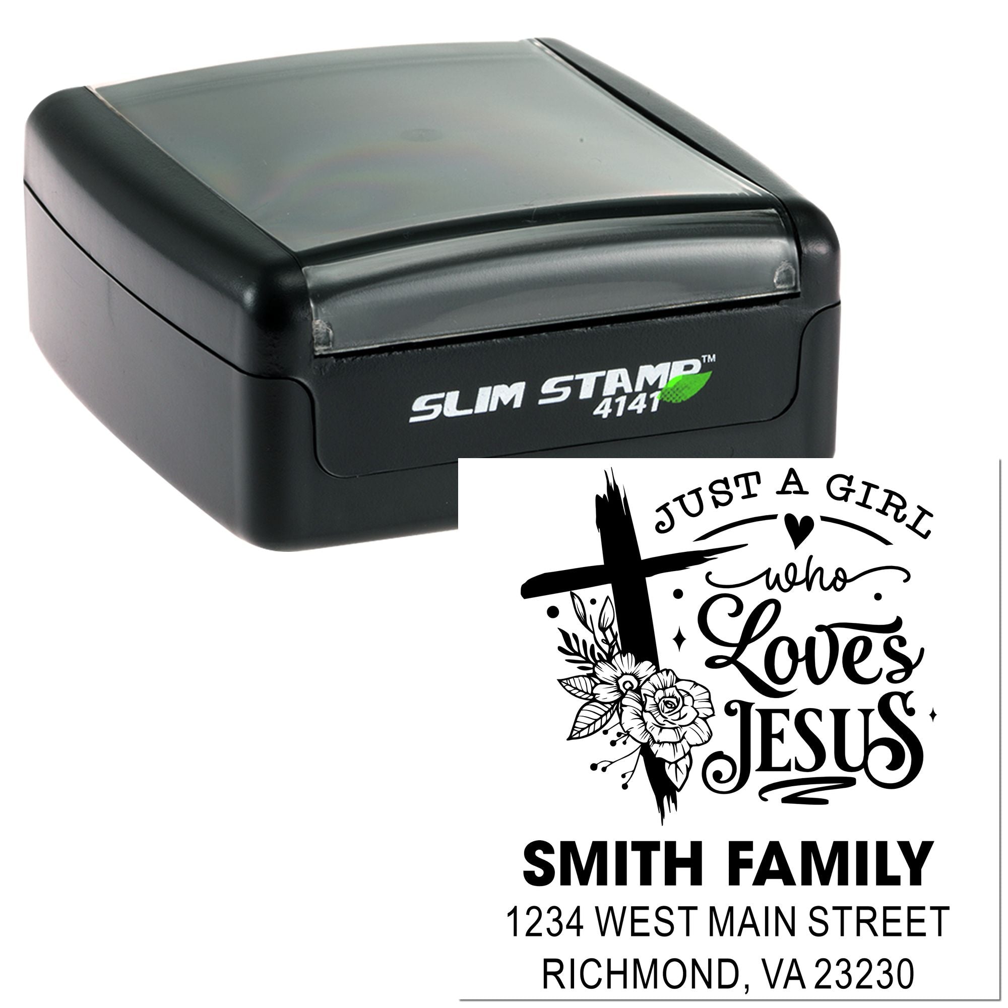 Custom slim rubber address stamp with Christian Just a Girl Who Loves Jesus design for Smith Family, Richmond, VA.