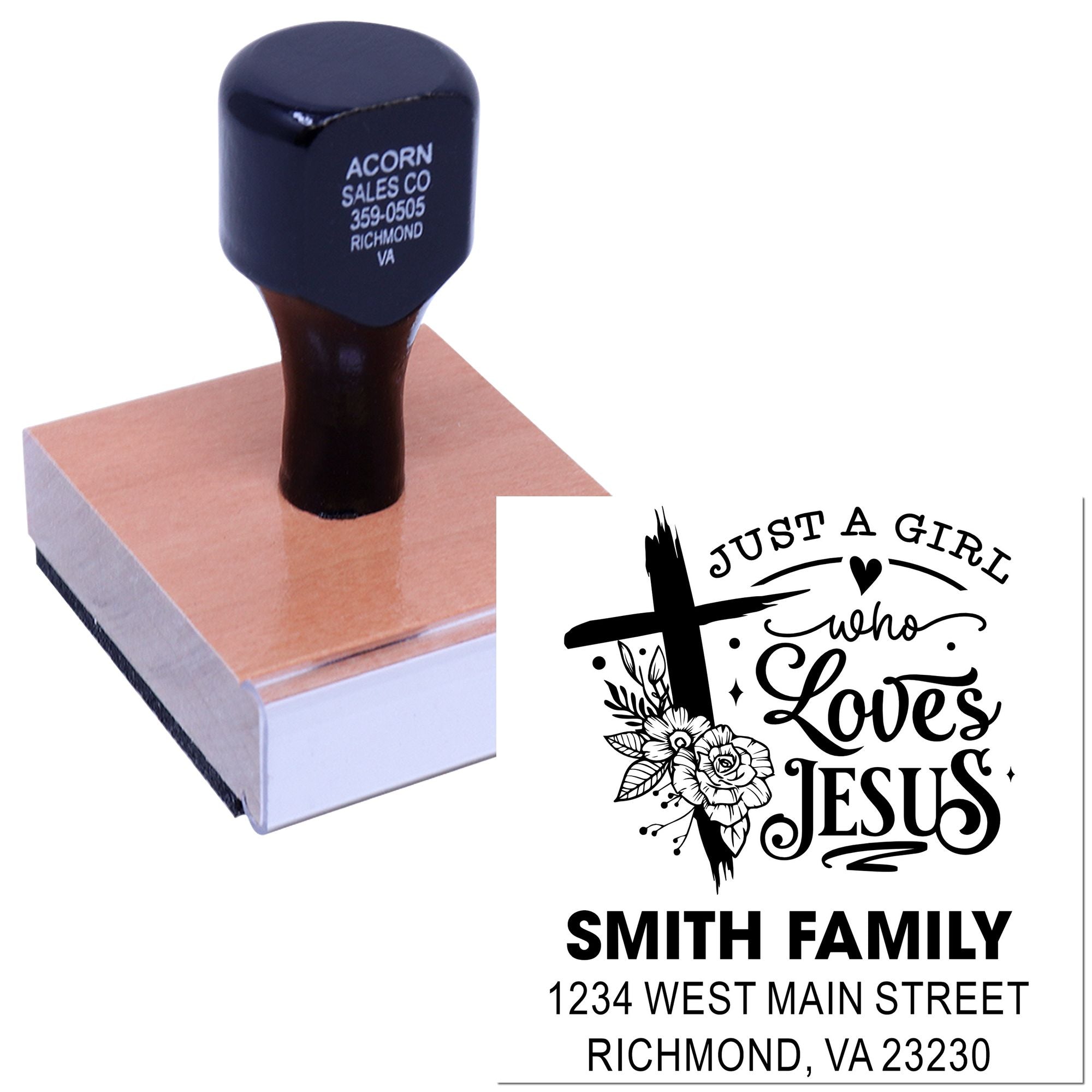 Personalized rubber stamp with Just a Girl who Loves Jesus family address design for Smith Family, Richmond, VA.