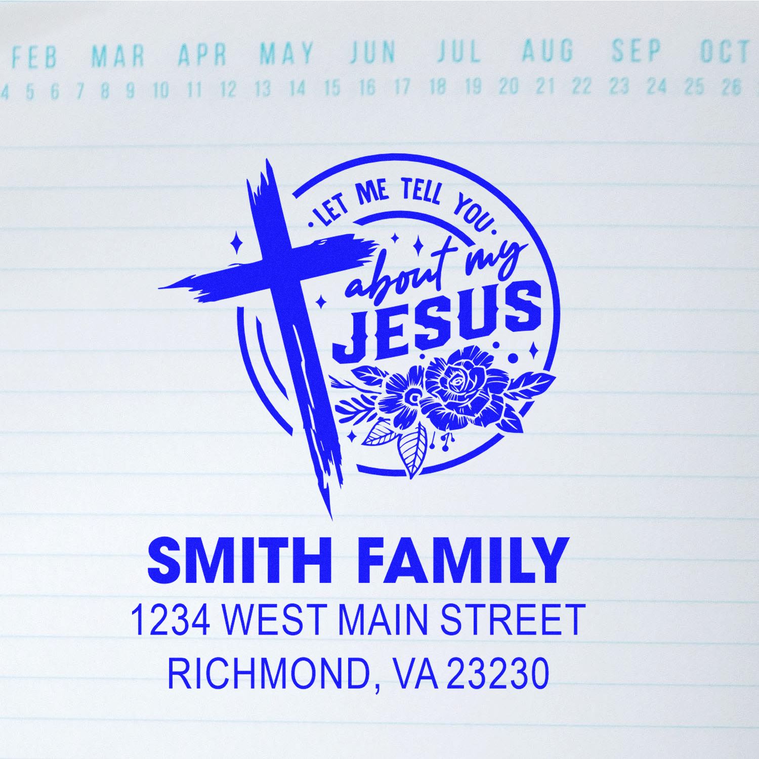 Custom Christian address rubber stamp with cross and Let me tell you about my Jesus for Smith Family, Richmond, VA.