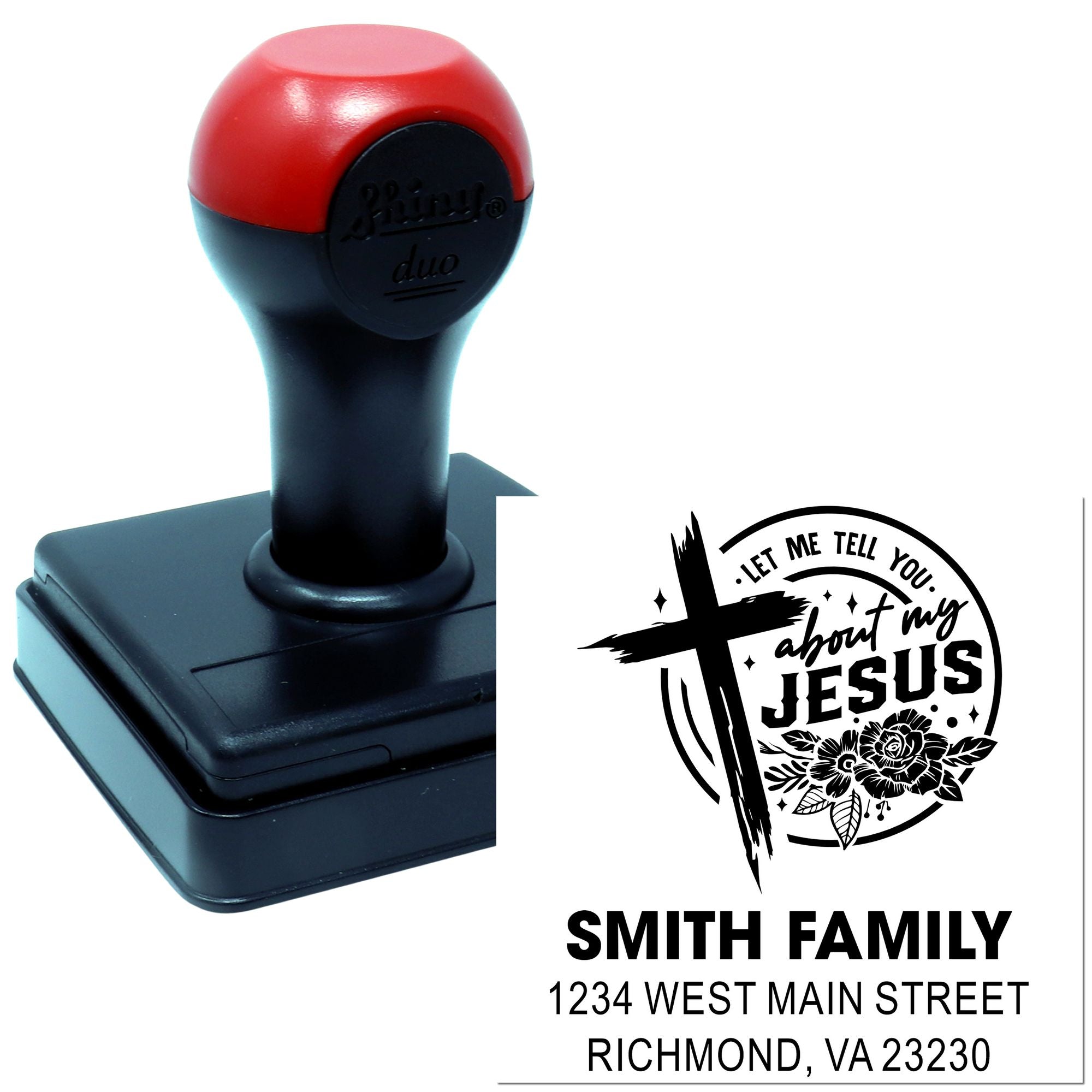 Custom self-inking rubber stamp with Christian family return address design and Let me tell you about my Jesus imprint.