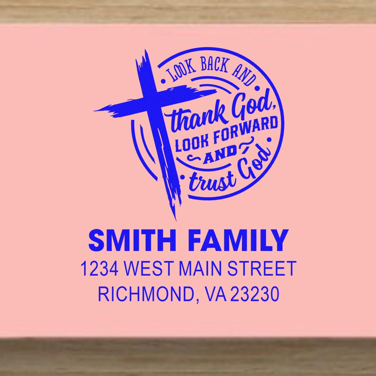 Custom Christian return address rubber stamp for Smith Family with cross design and Bible quote, Richmond, VA 23230.